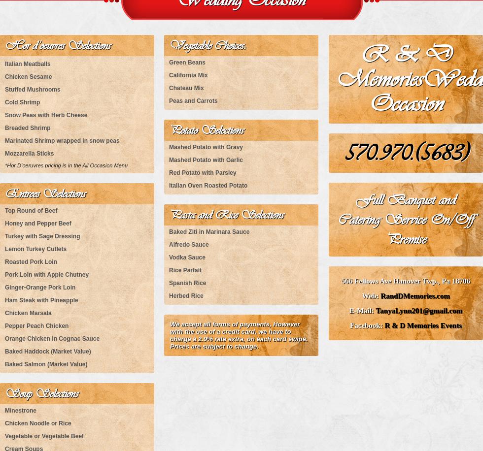 R & D Memories Inc Menu