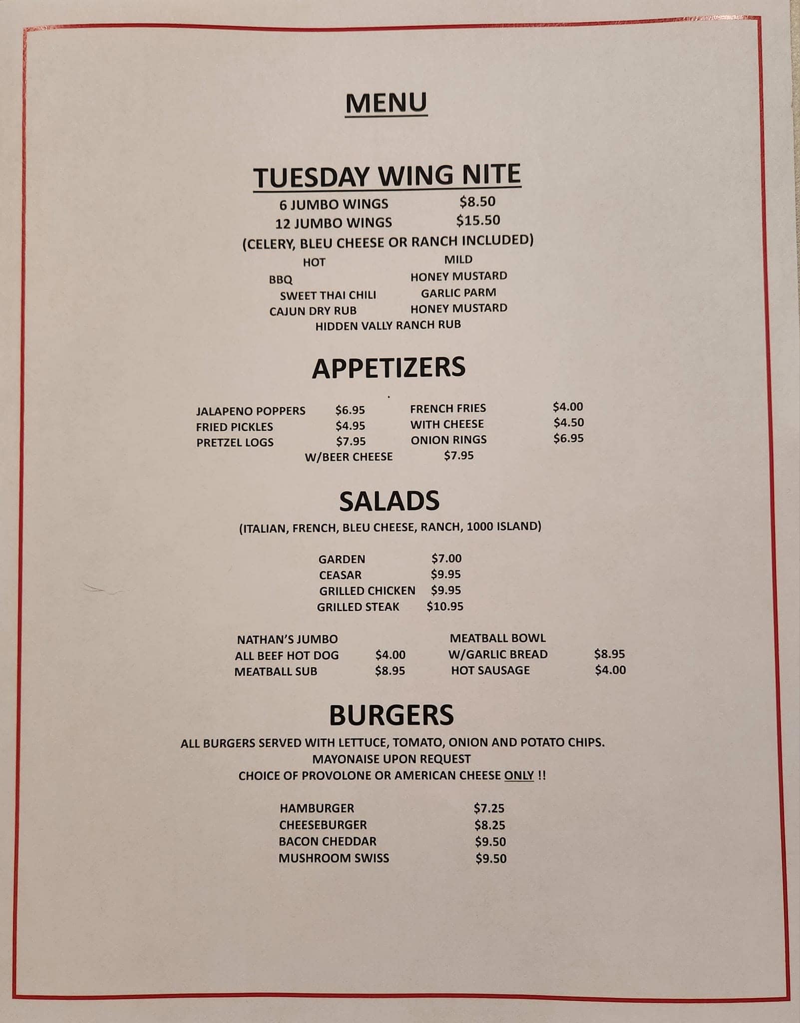 American Legion Post 730 - Penbrook Menu