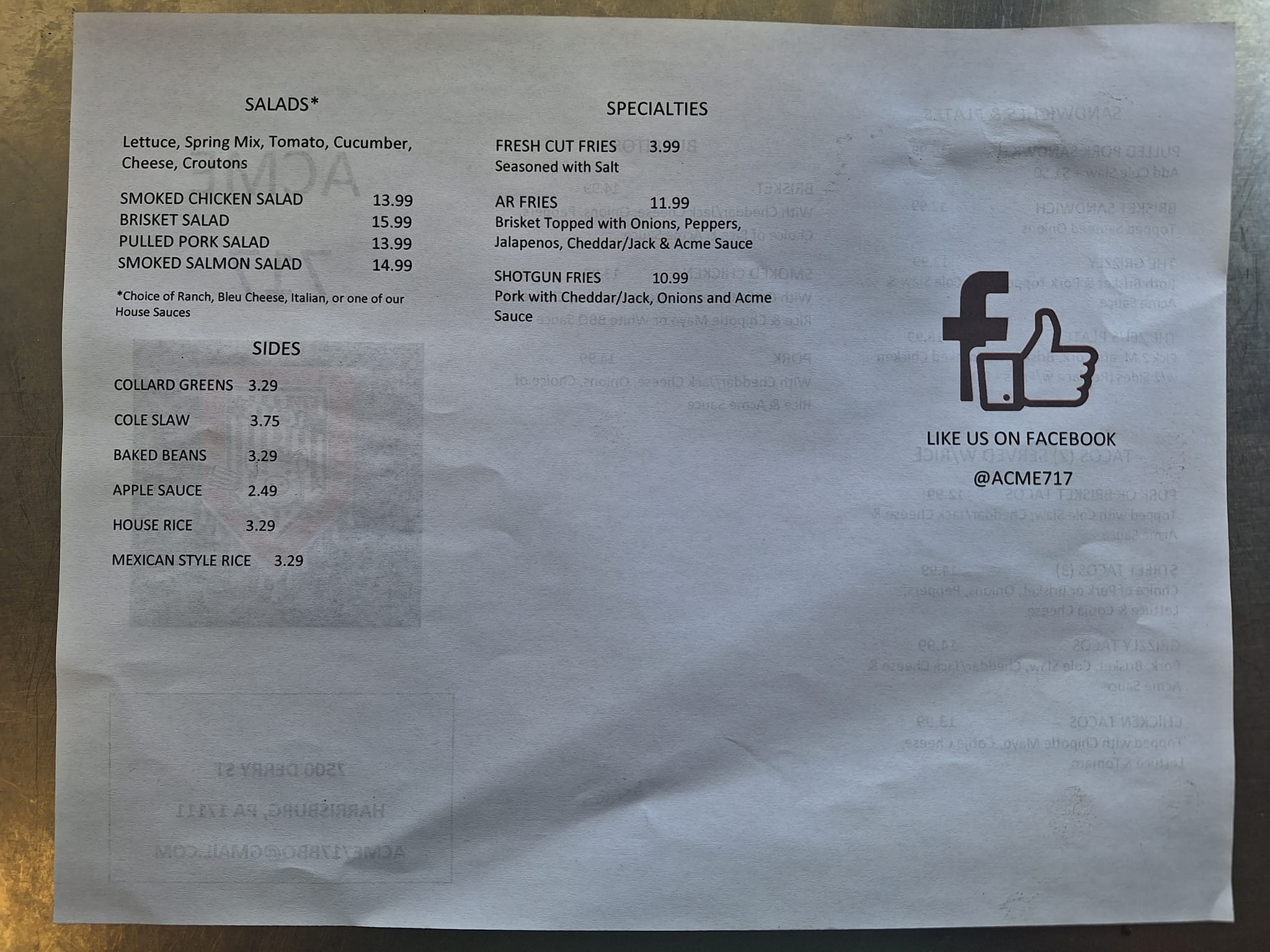 717 ACME BBQ Menu