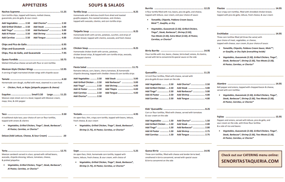 Señorita's Mexican Taqueria Menu