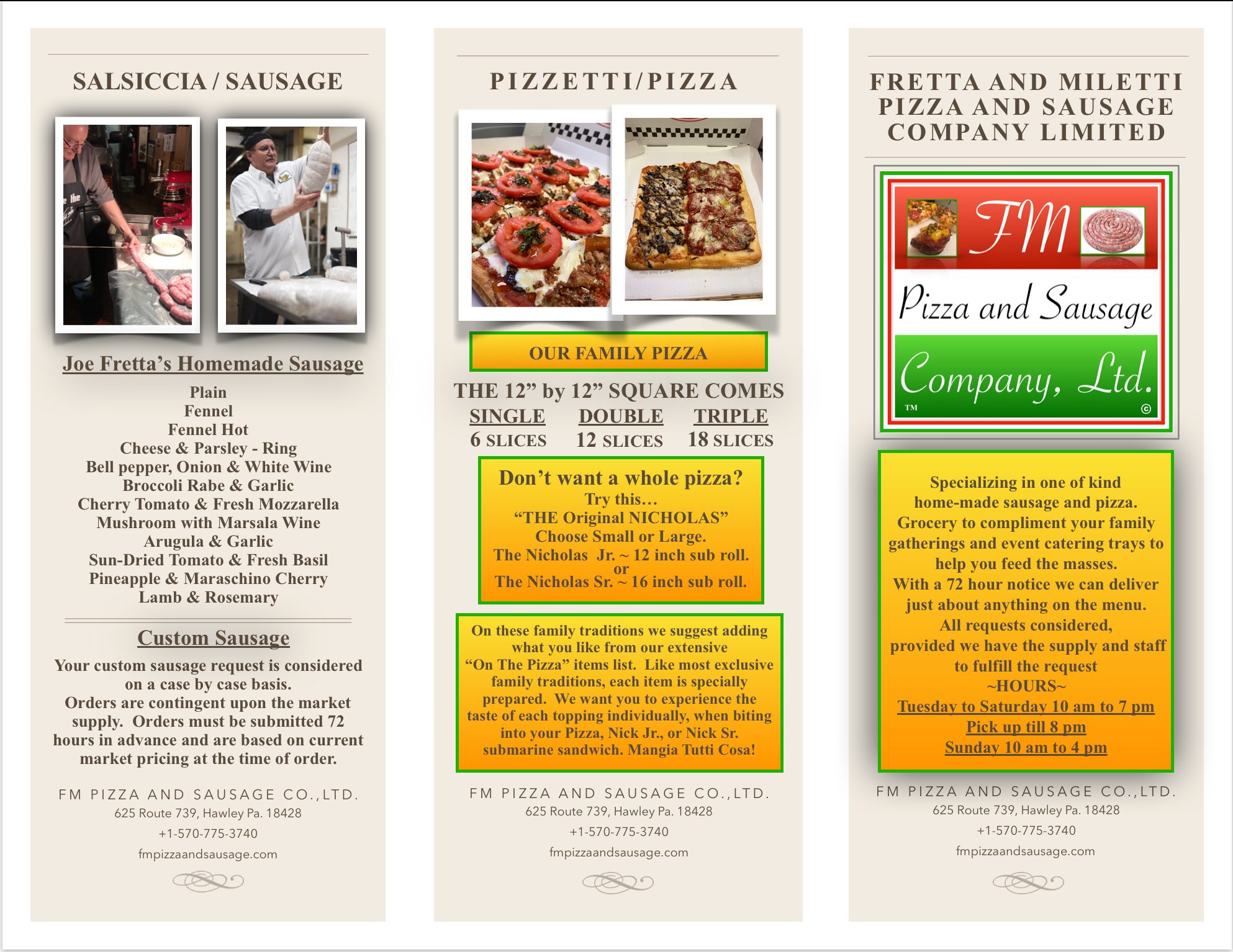 FM Pizza and Sausage Company Menu