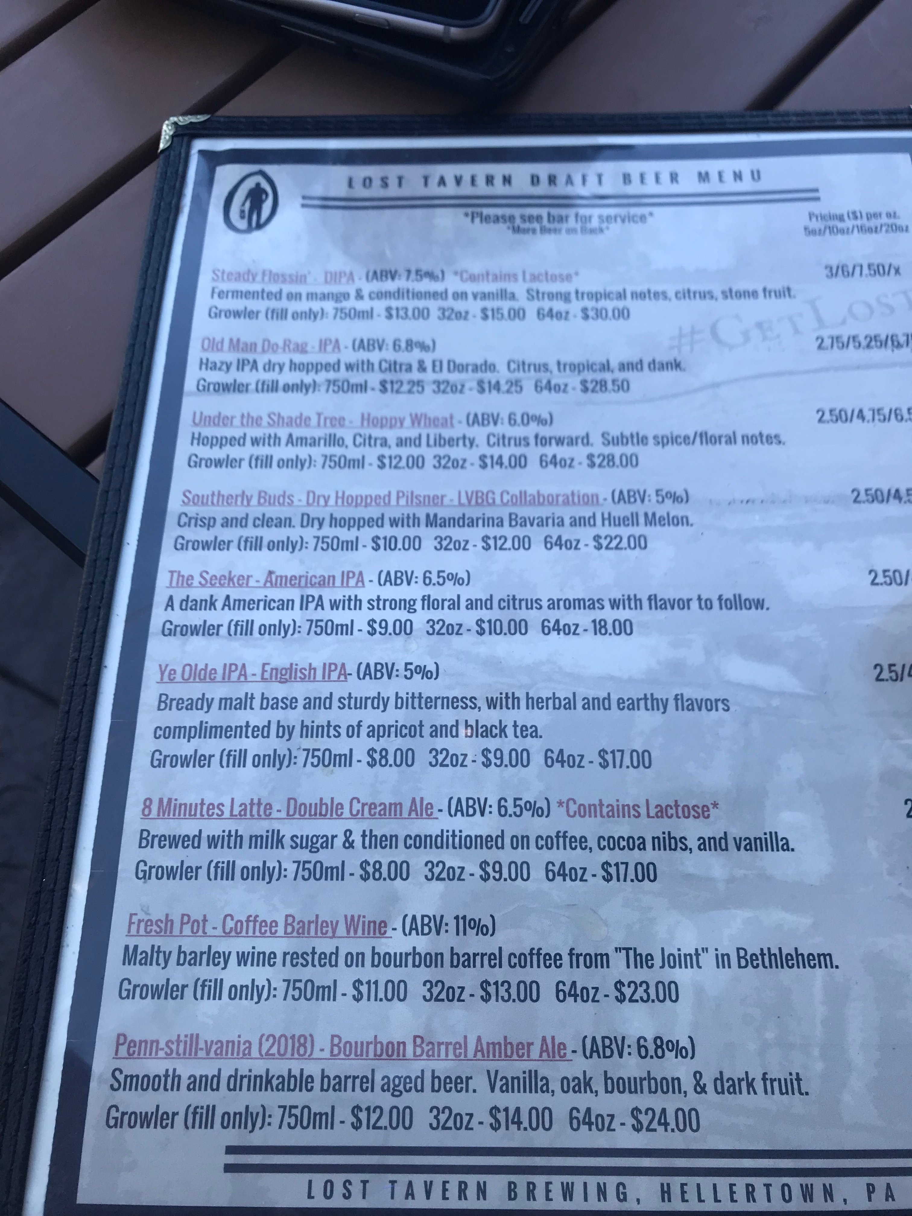 Lost Tavern Brewing Menu