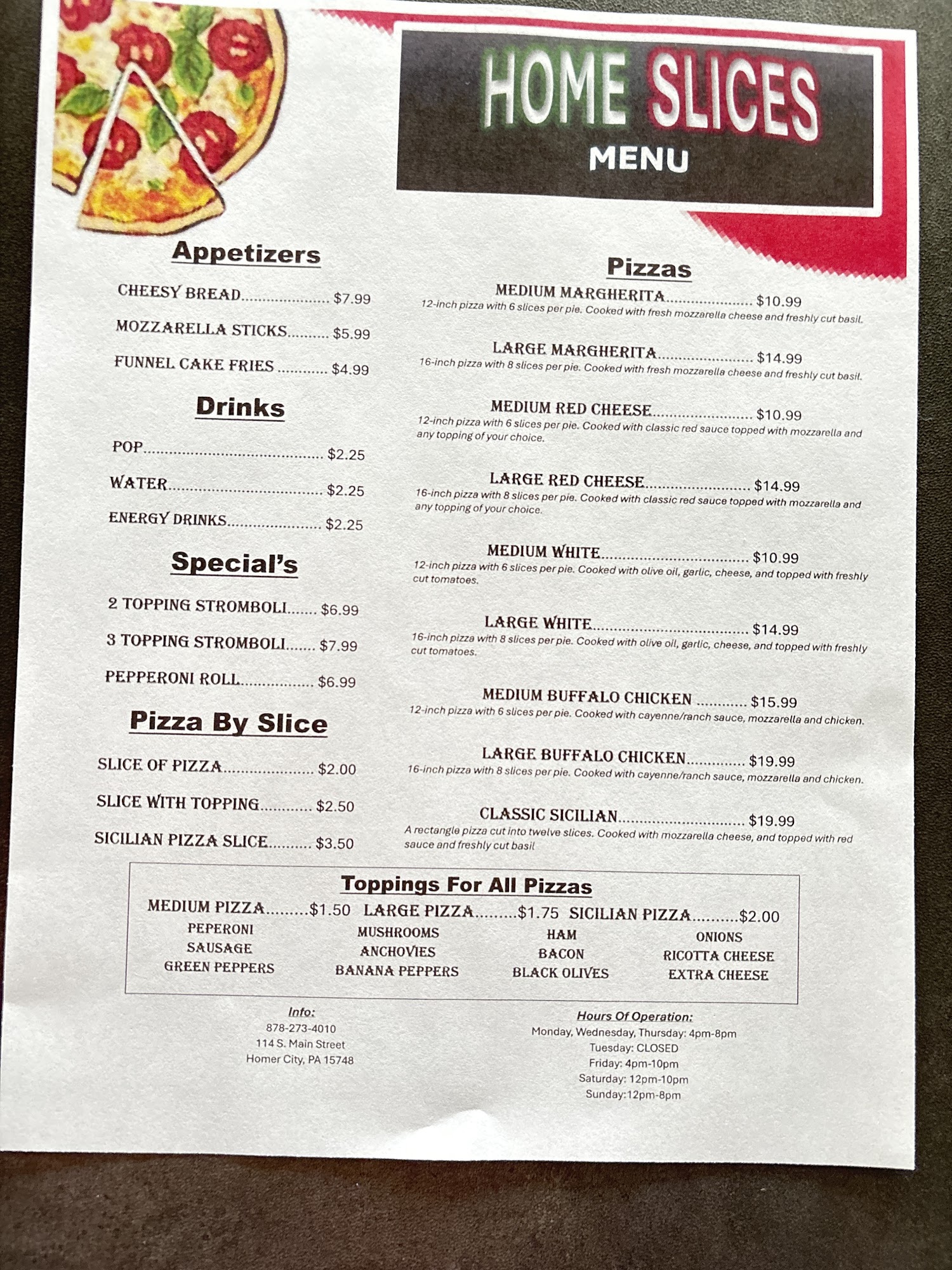 Home Slice's Menu