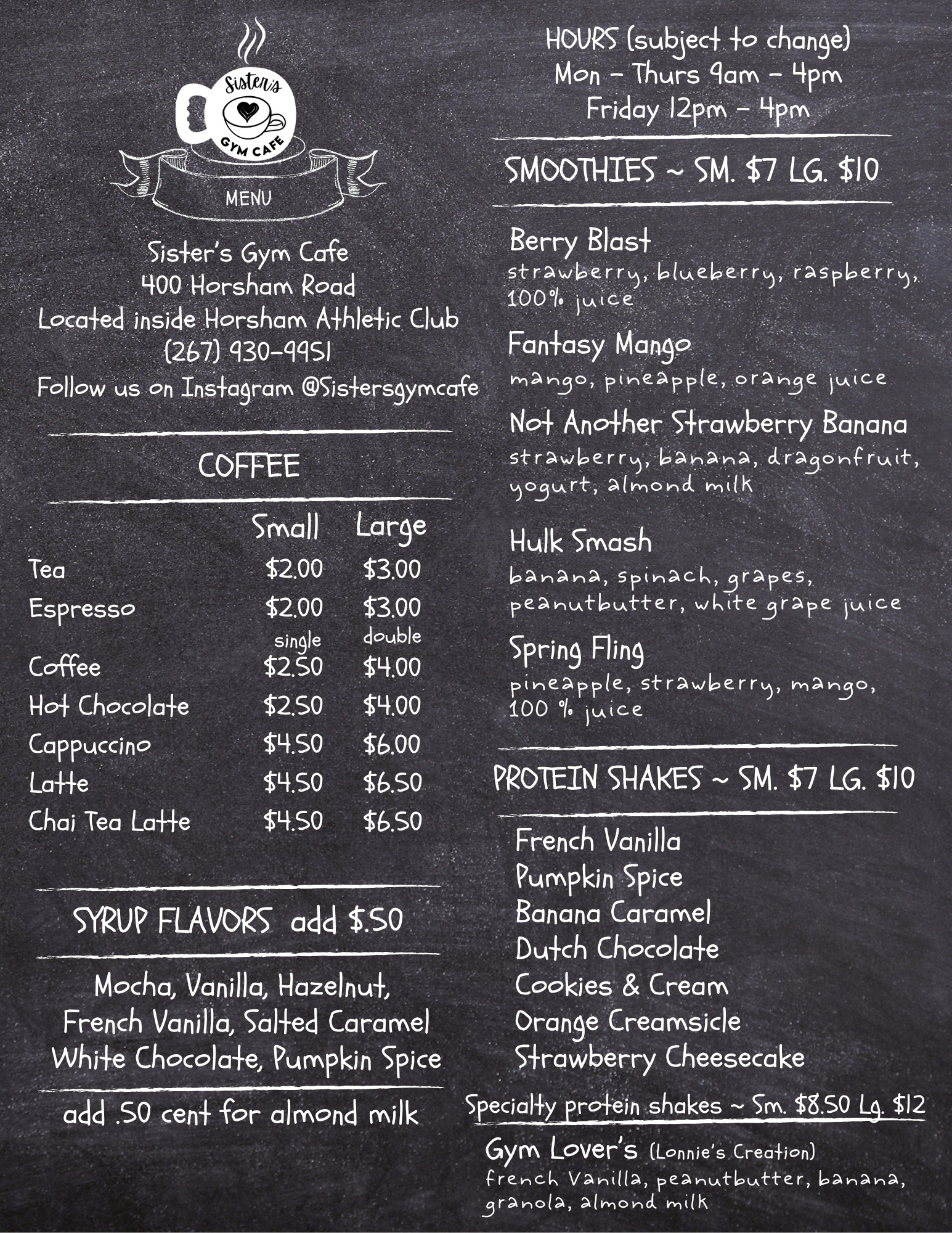 Sisters gym cafe Menu
