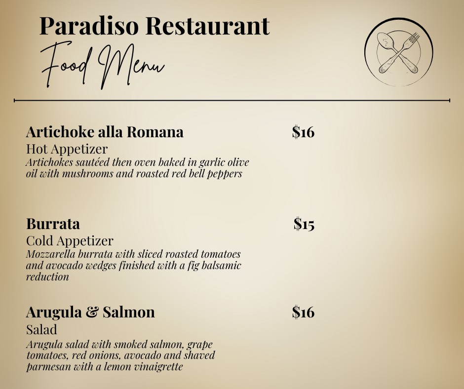 Paradiso Restaurante | BYOB Menu