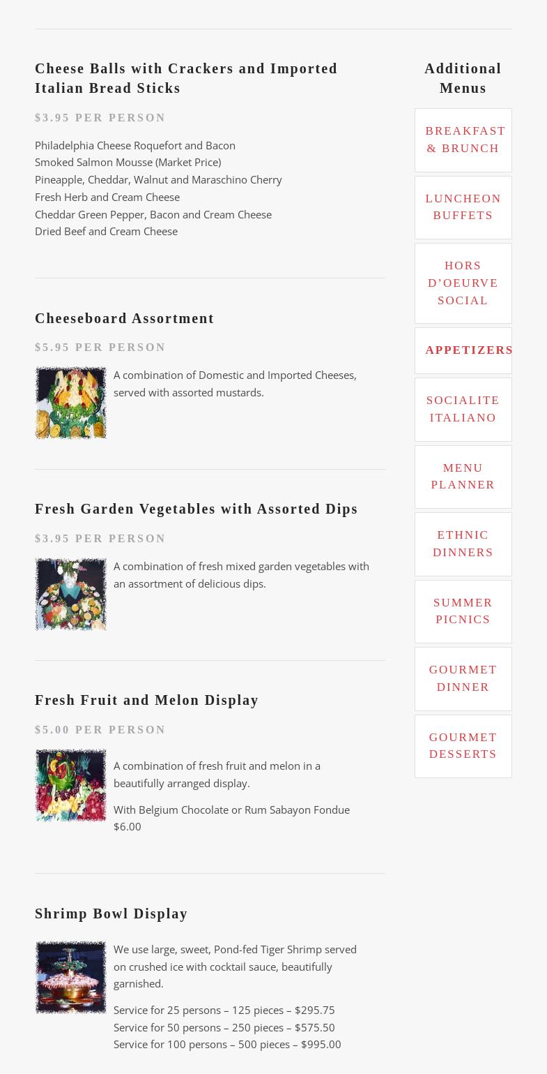 Joey Del's 2001 Caterers Menu