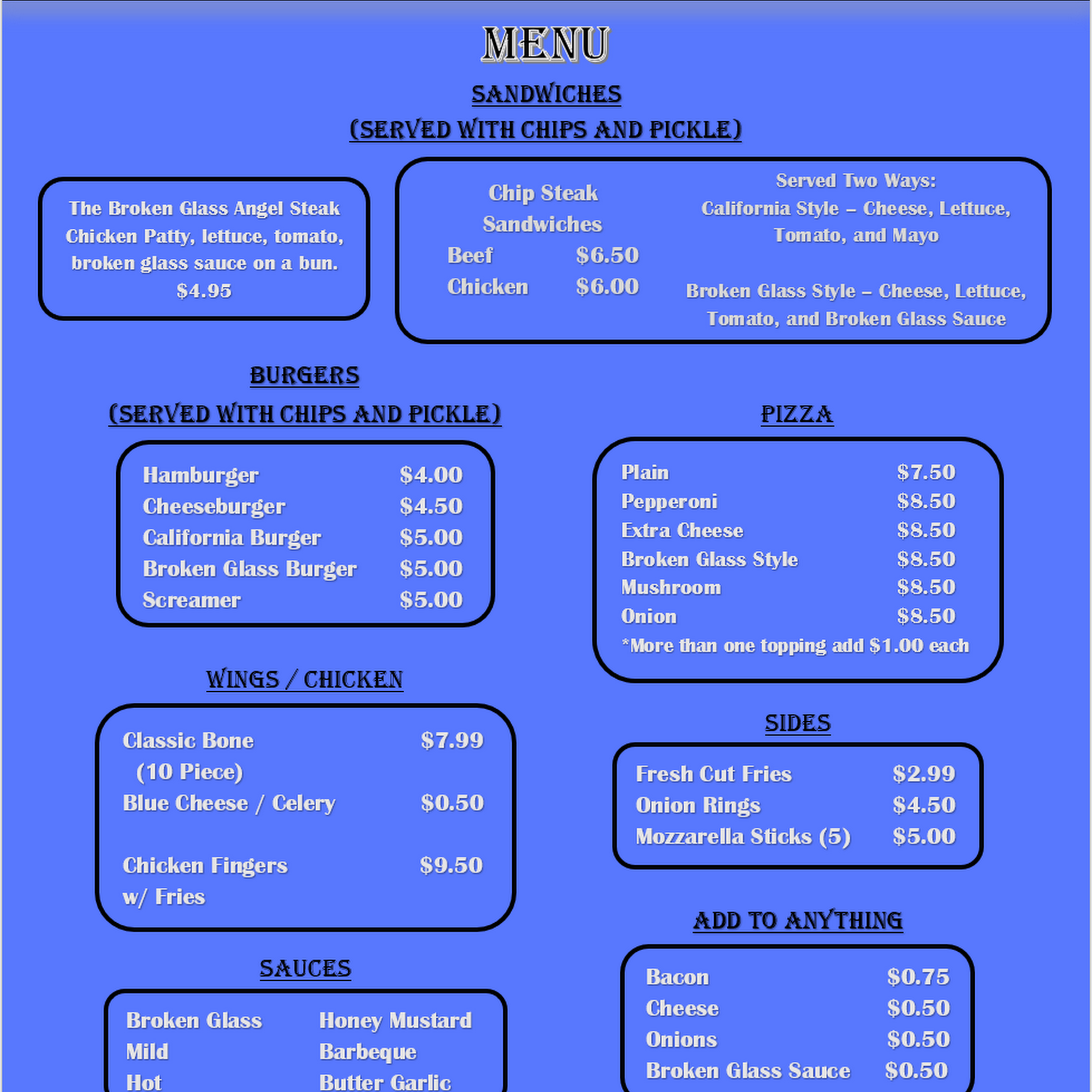 The Broken Glass Tavern Menu