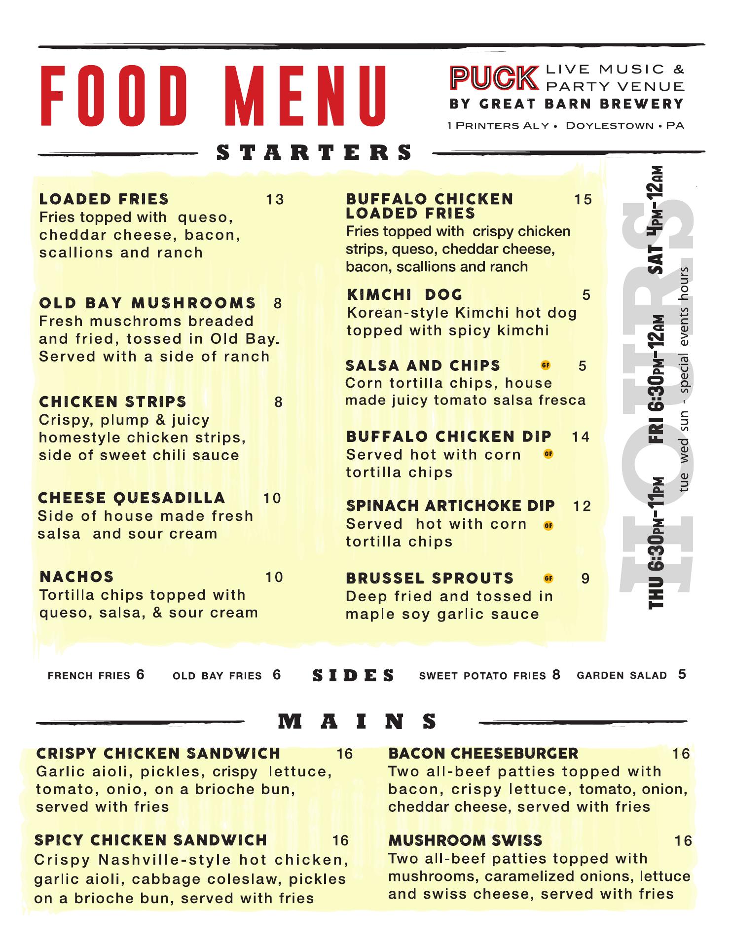 Great Barn Brewery Menu