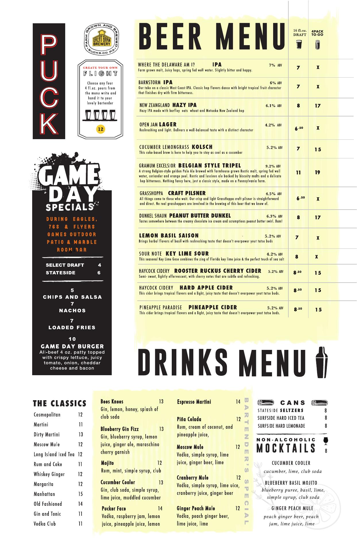 Great Barn Brewery Menu