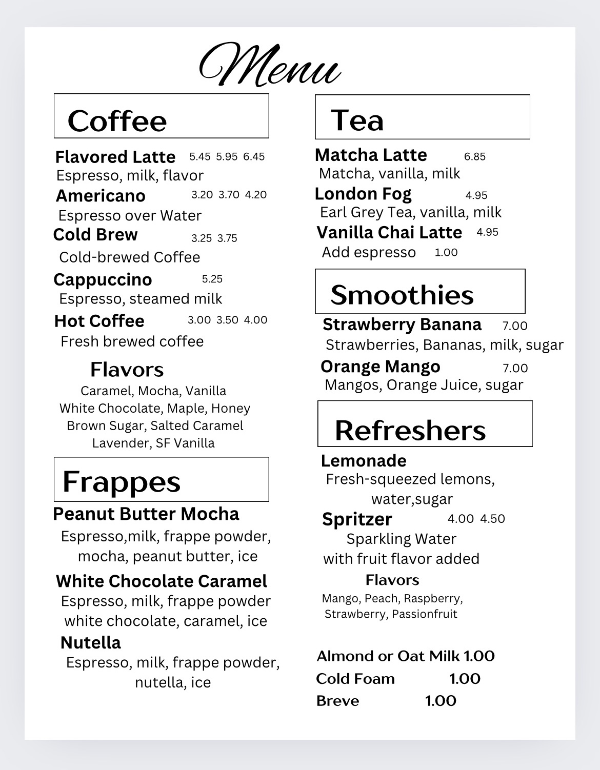 Daily Brew Coffee Trailer Menu