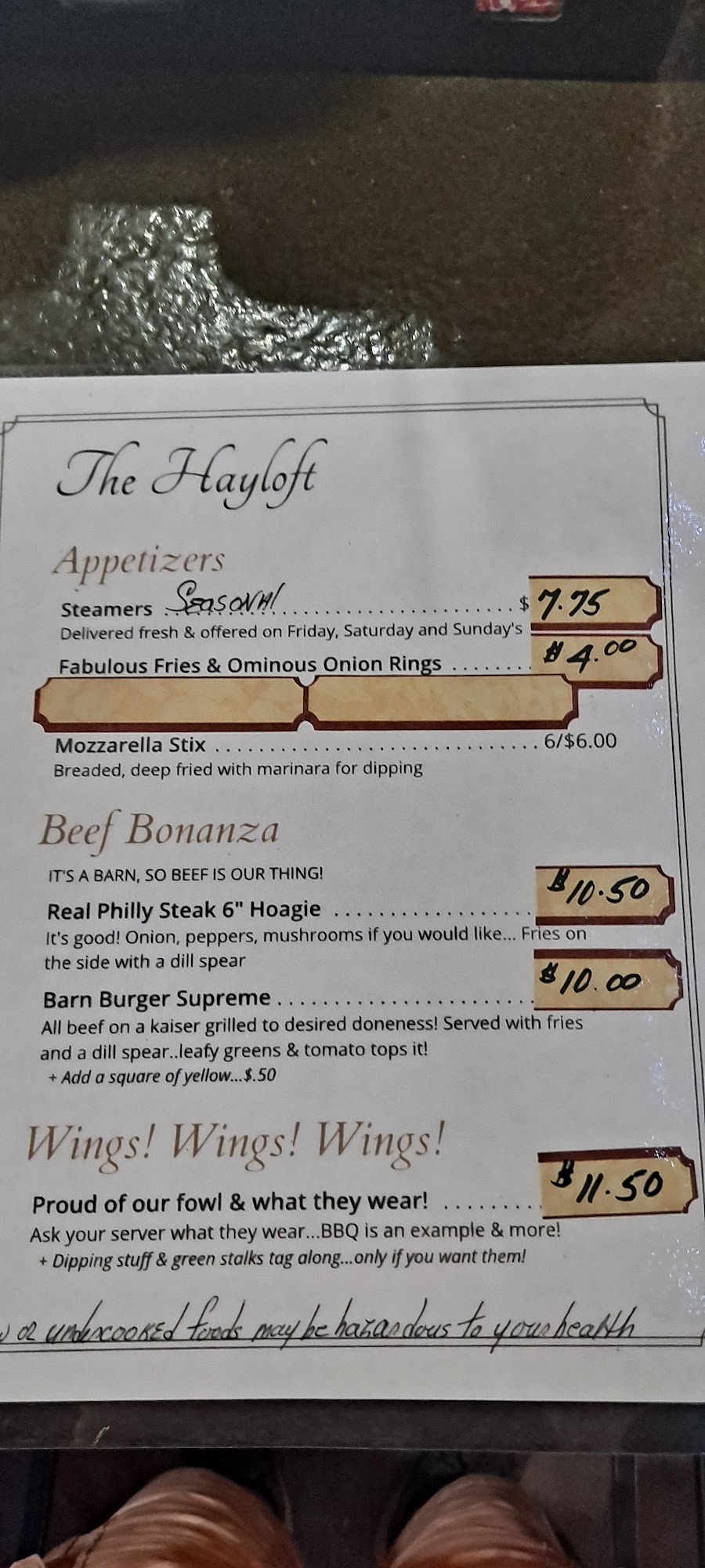Hayloft Menu