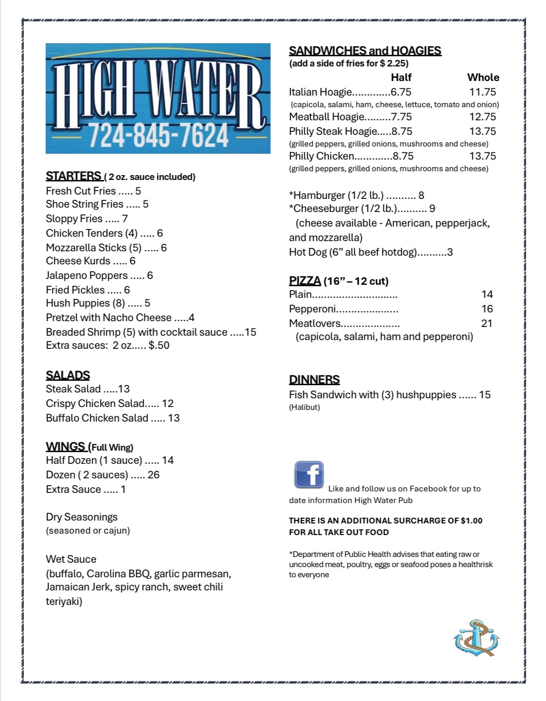 High Water Pub Menu