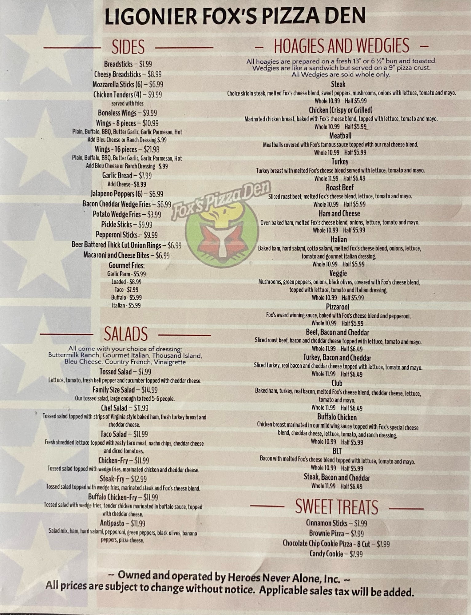Fox's Pizza Den Ligonier Menu