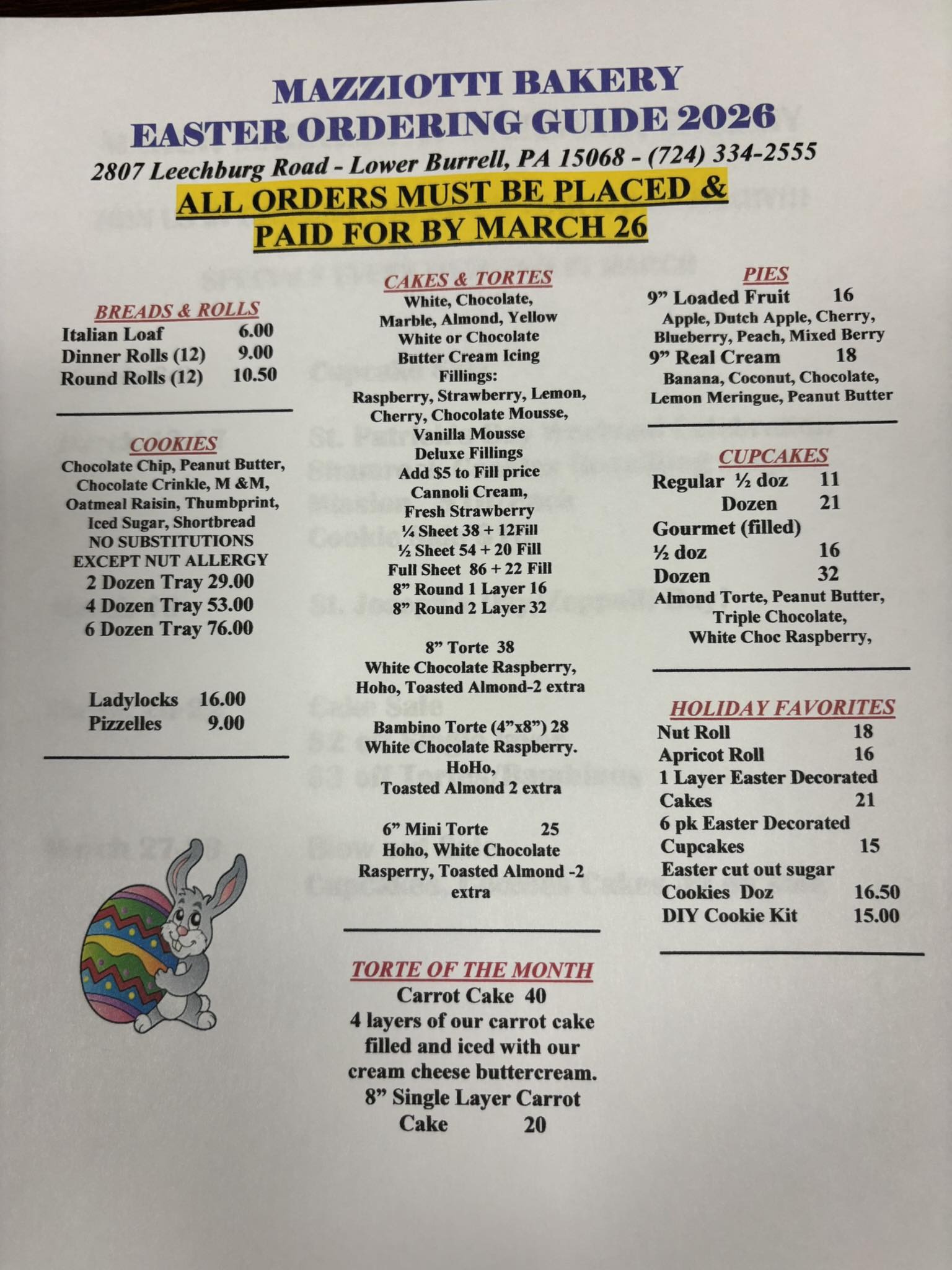 Mazziotti Bakery Menu