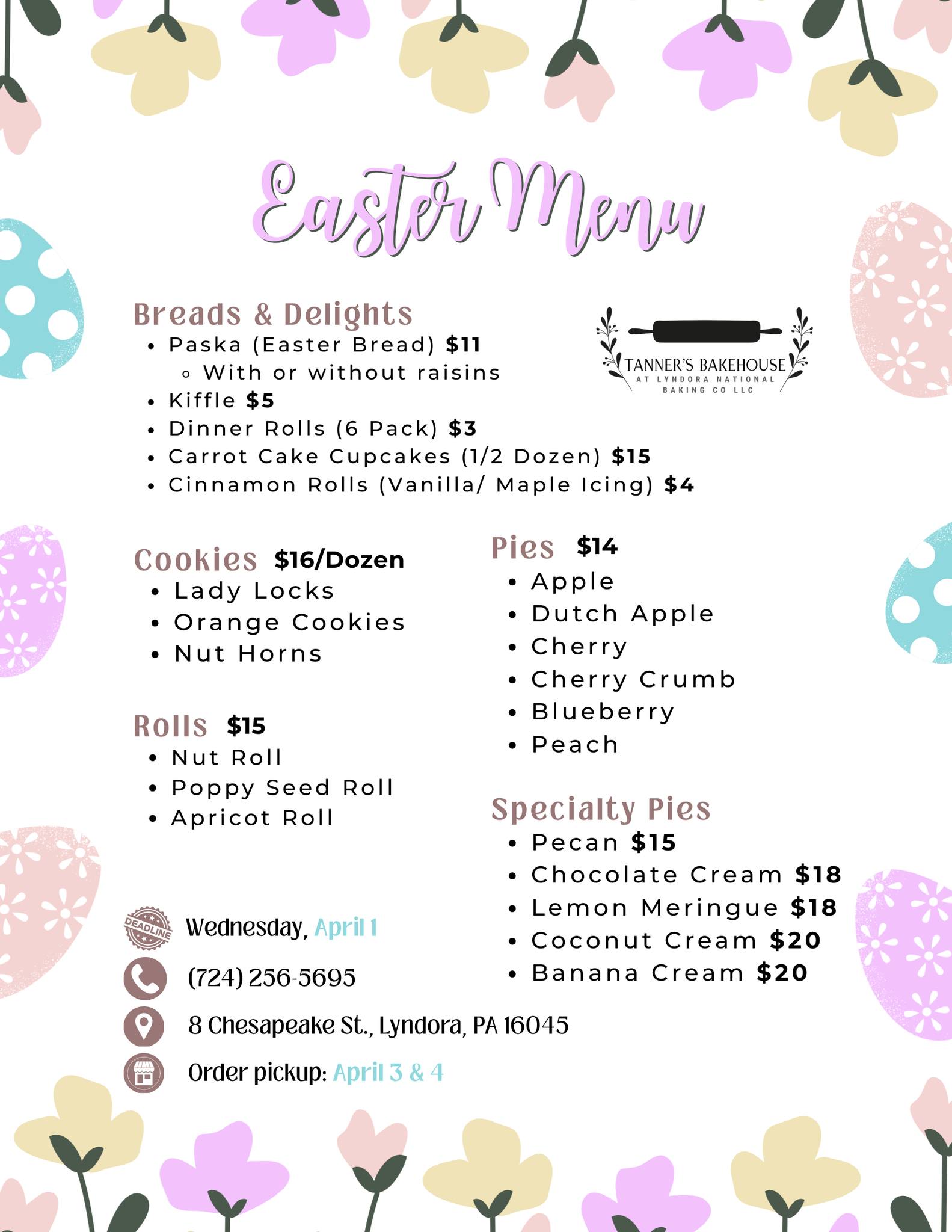 Tanner's Bakehouse Menu