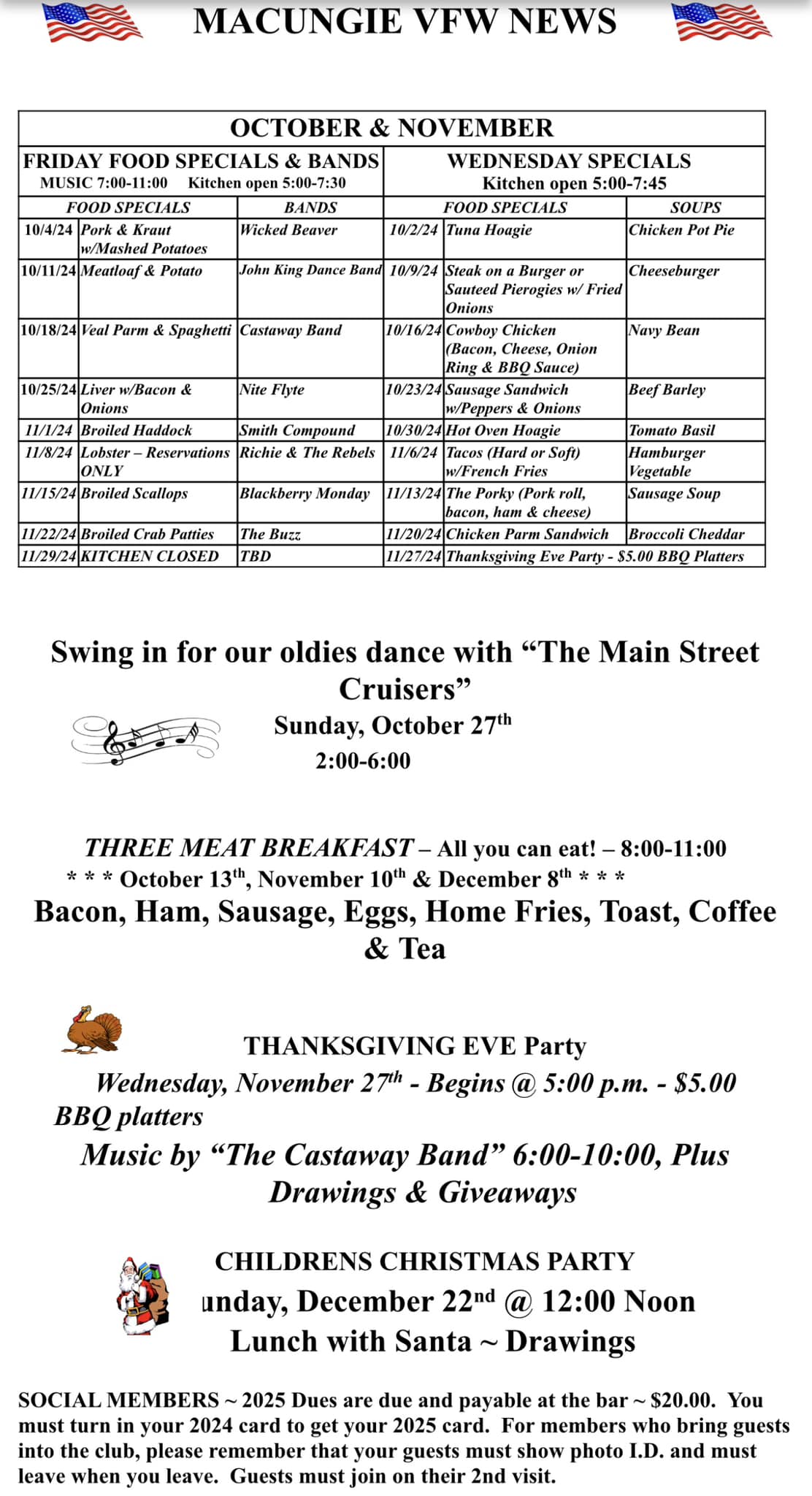 Macungie Vets Dining and Entertainment Menu