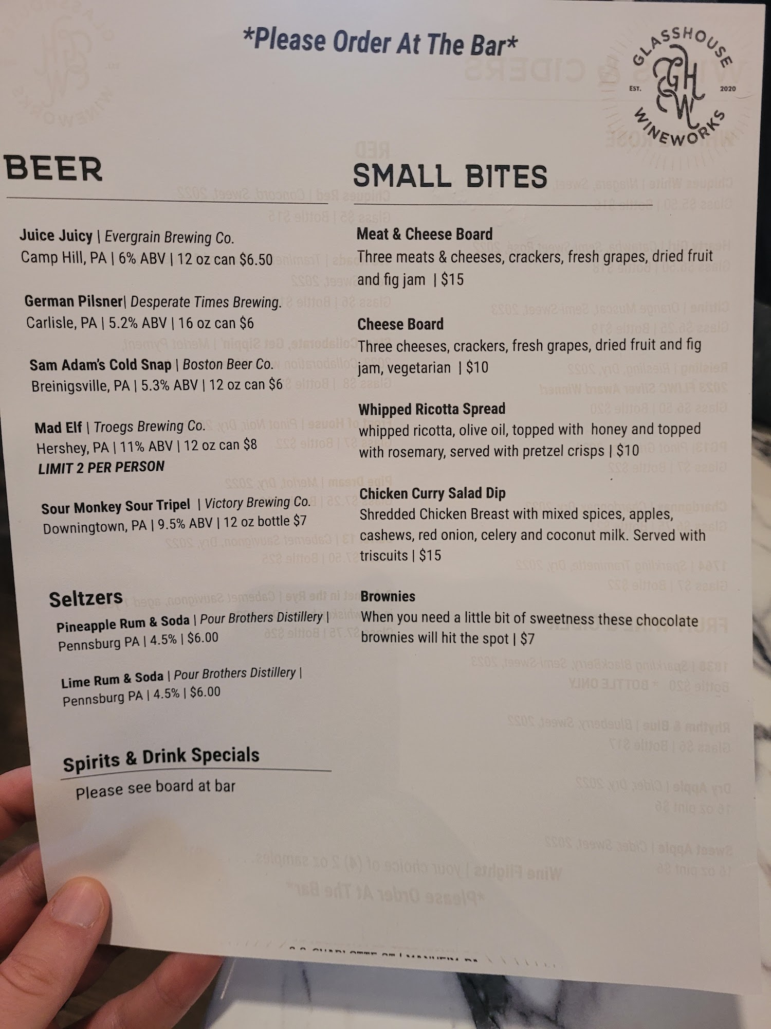 Glasshouse Wineworks Menu