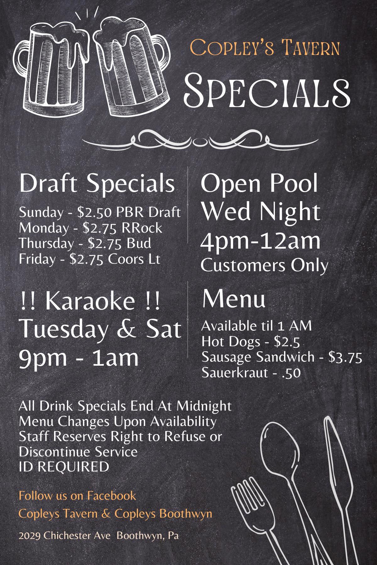 Copley's Tavern Menu