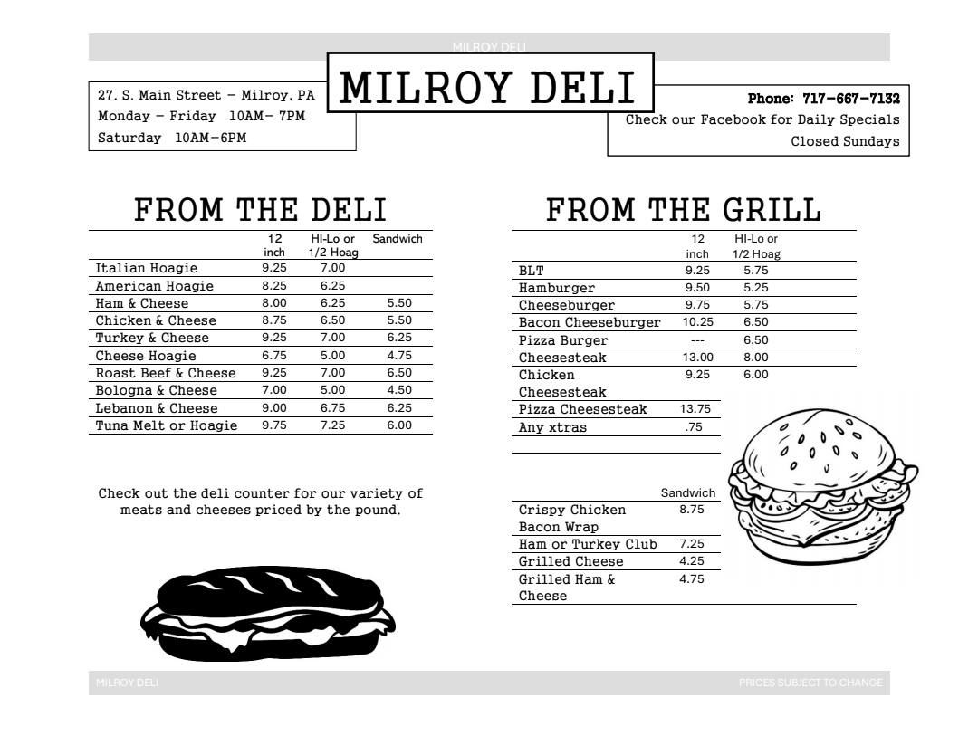 Milroy Deli LLC Menu