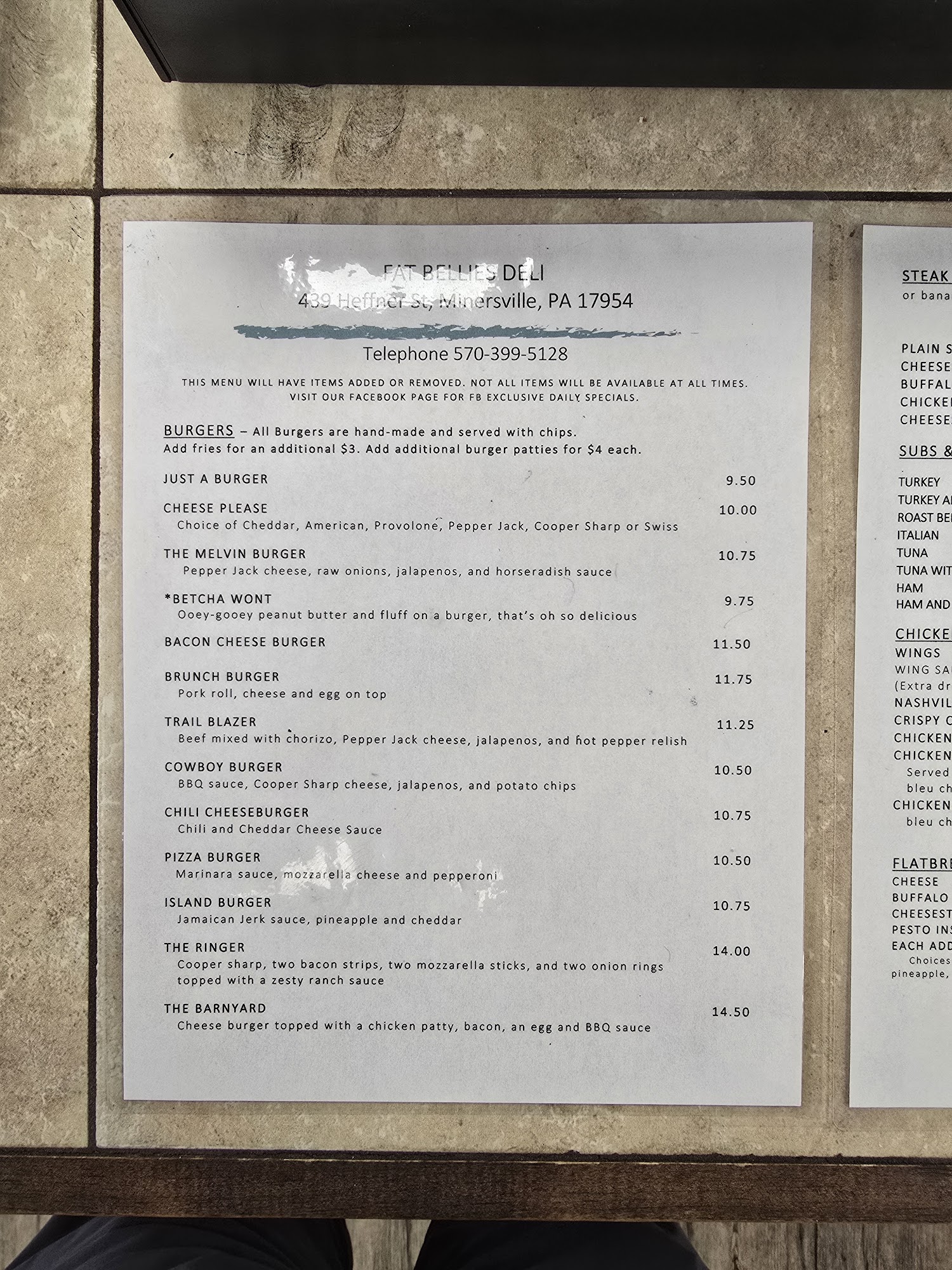 Fat Bellies Deli Menu
