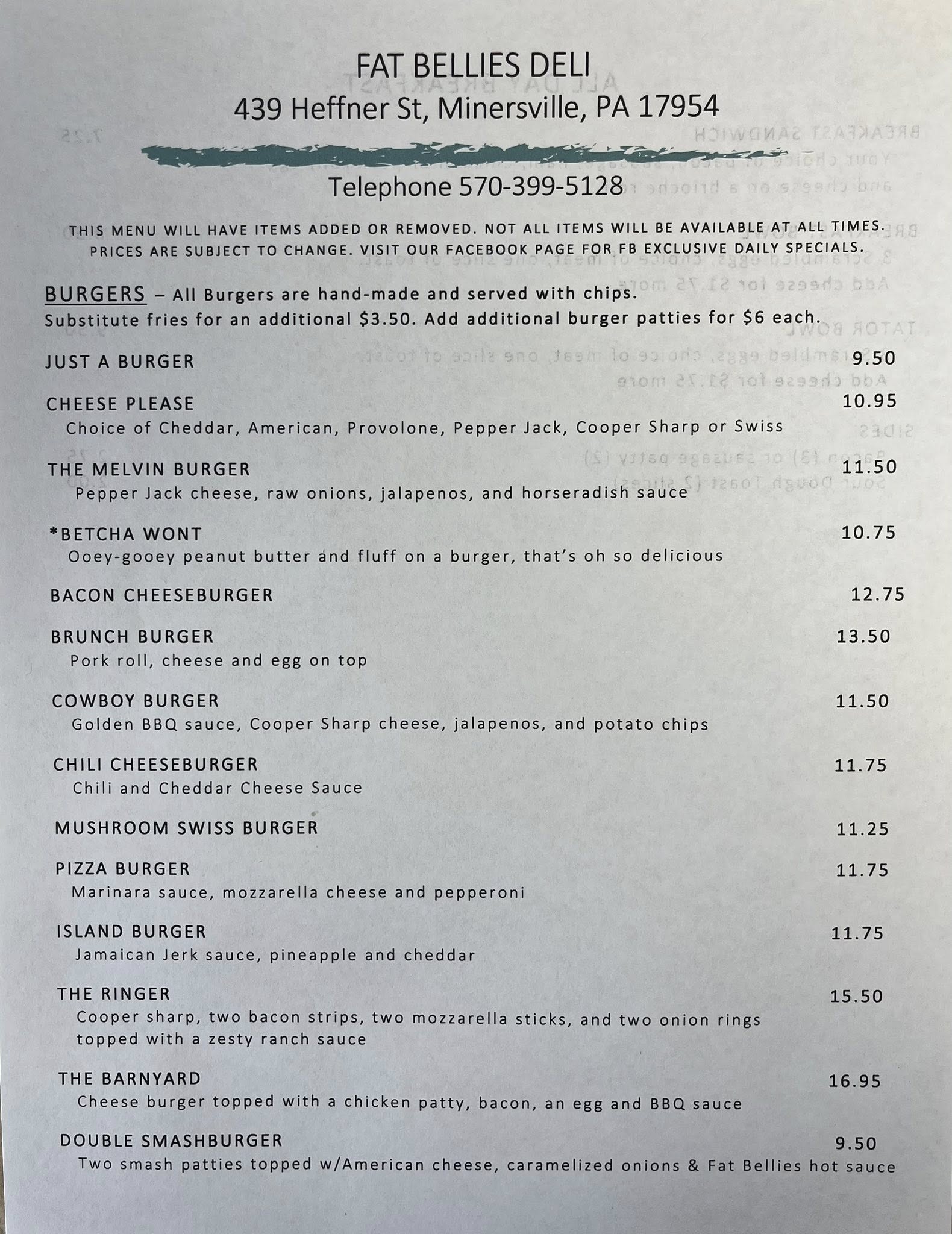 Fat Bellies Deli Menu
