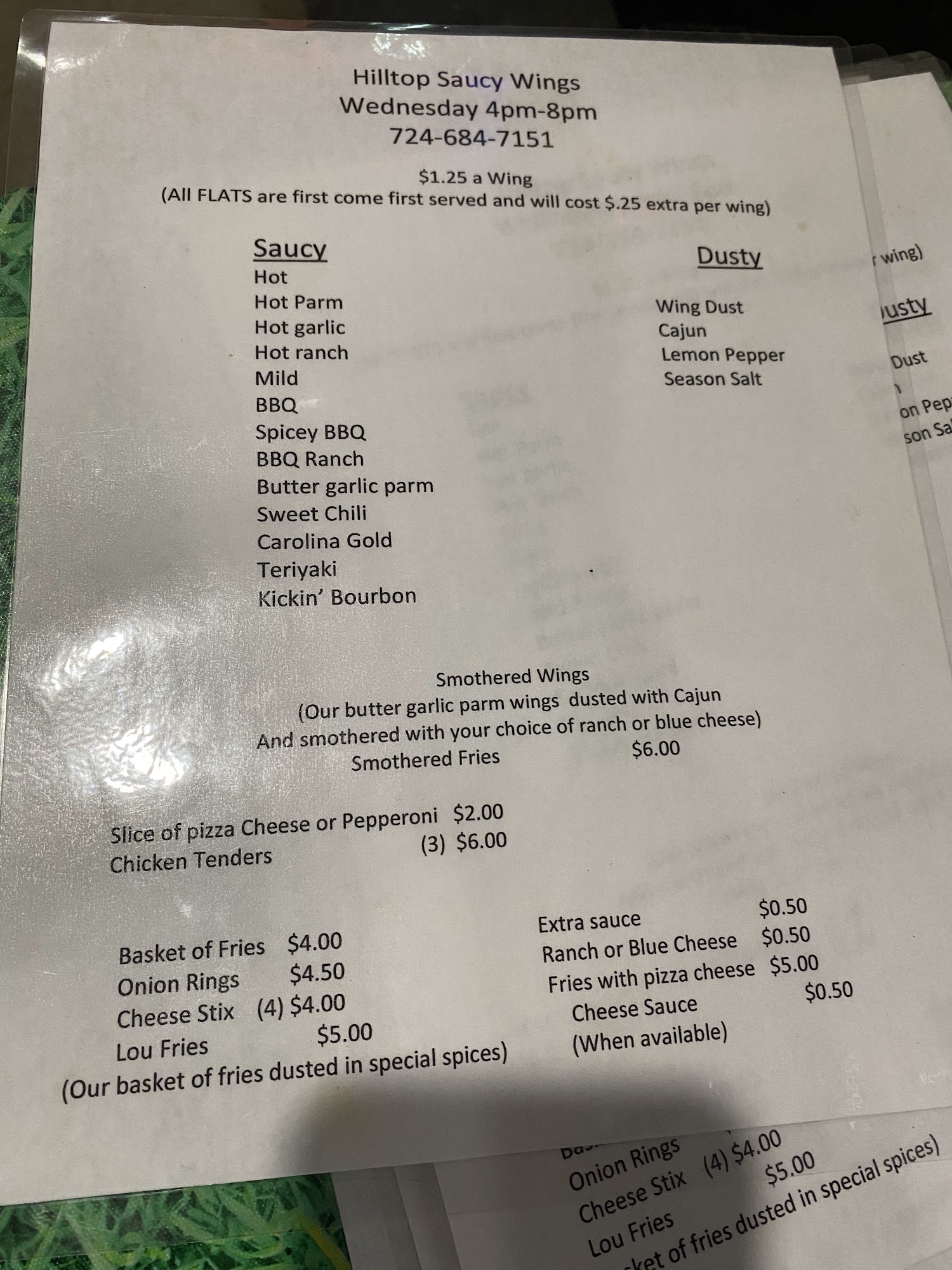 Hilltop Fireman's Club Menu