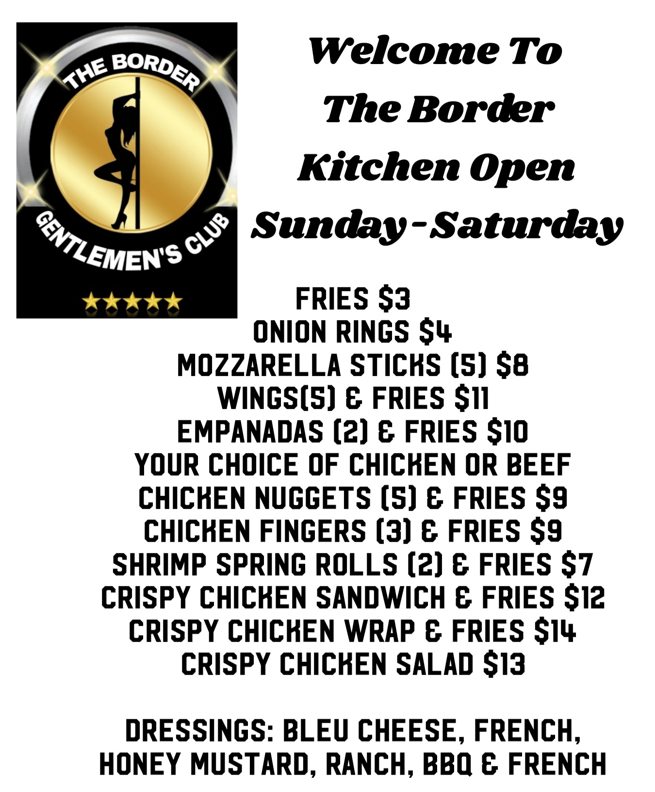 The Border Gentlemens Club Menu