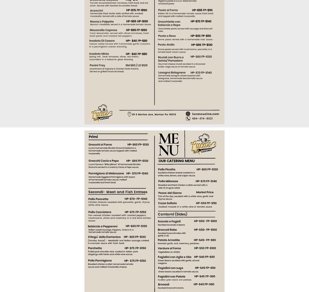 Luca's Cucina Menu