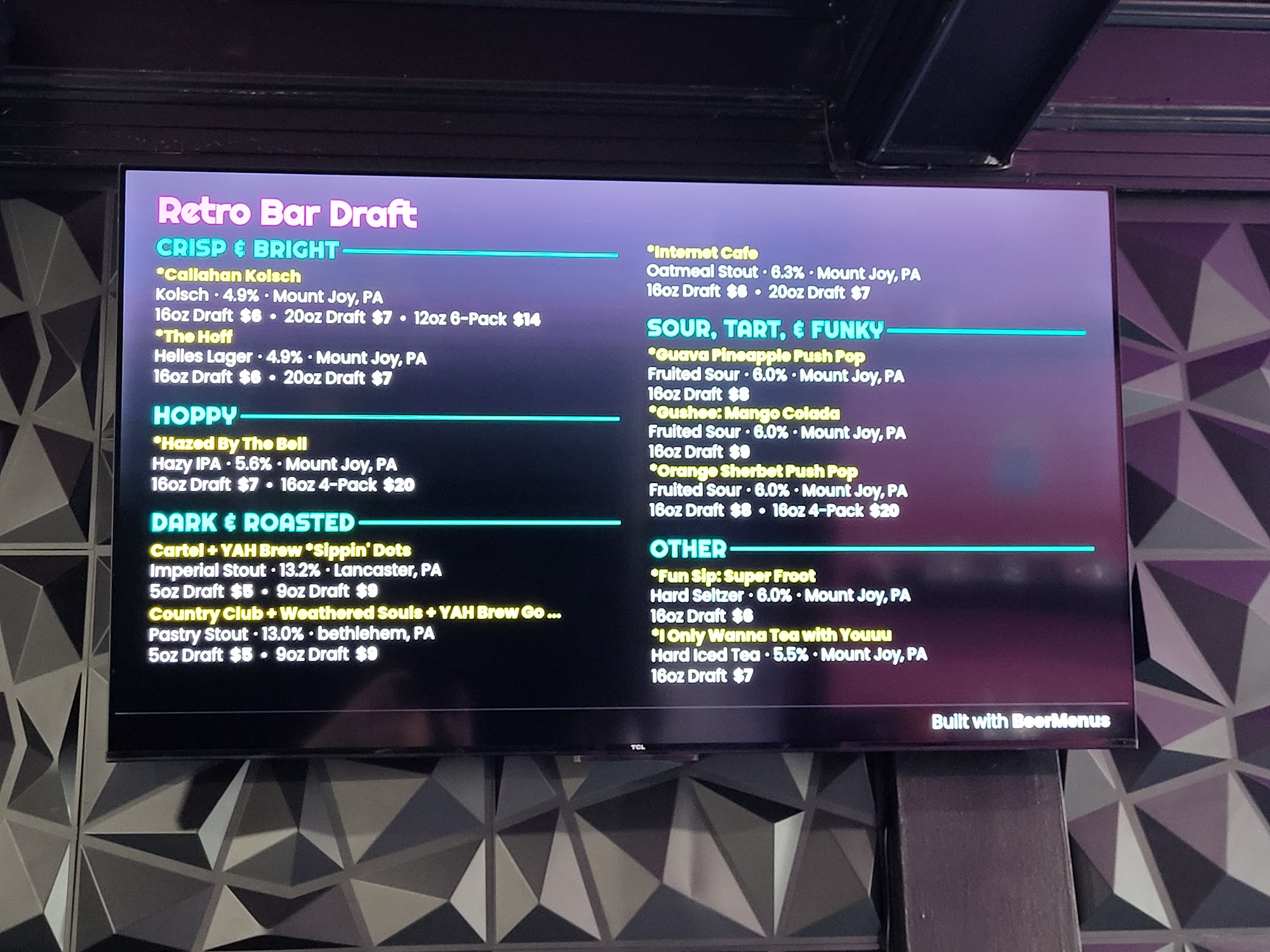 YAH Brew Retro Bar Menu