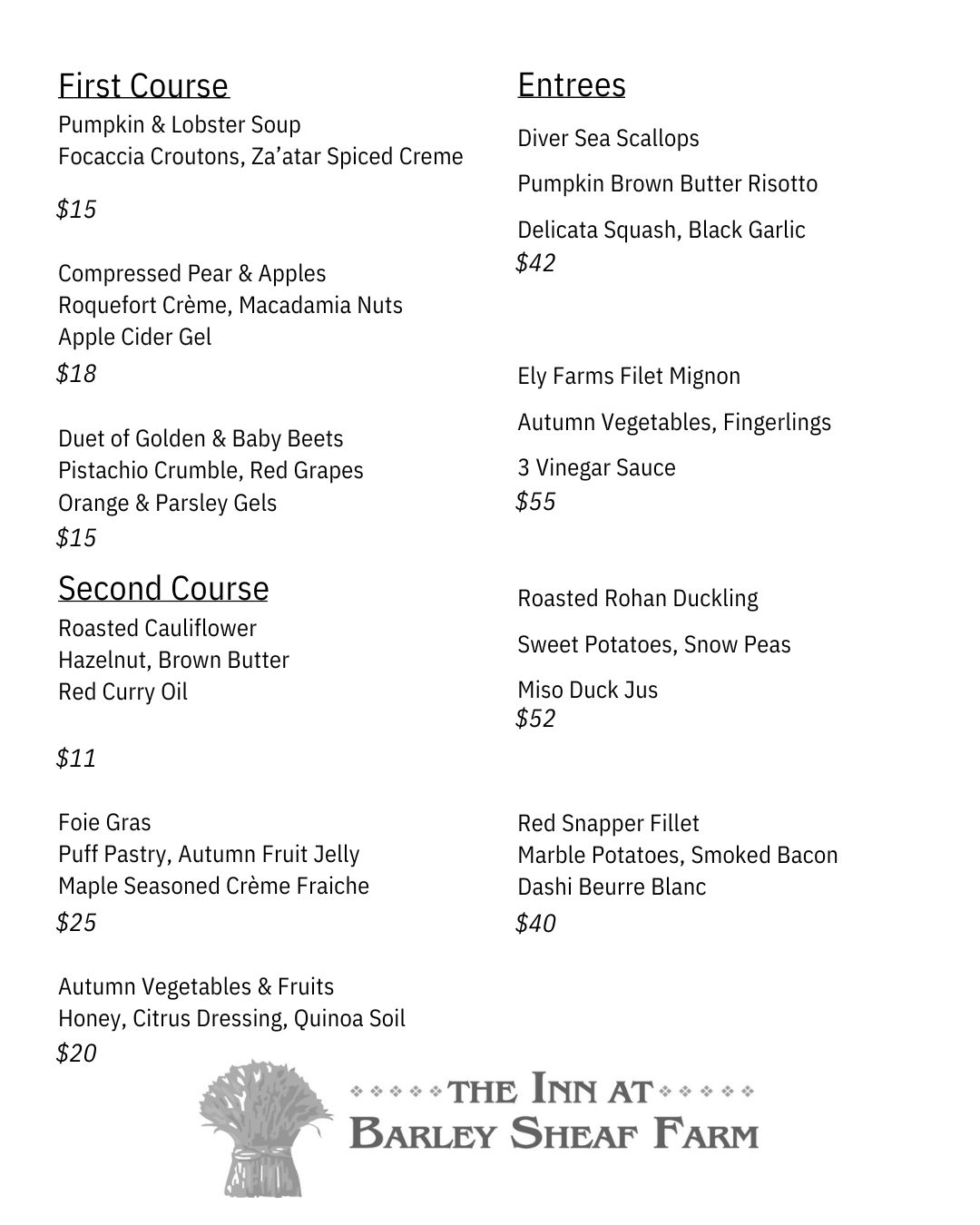Barley Sheaf Menu