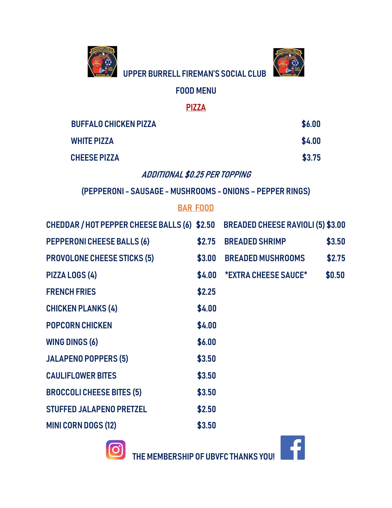 Upper Burrell Fireman's Club Menu