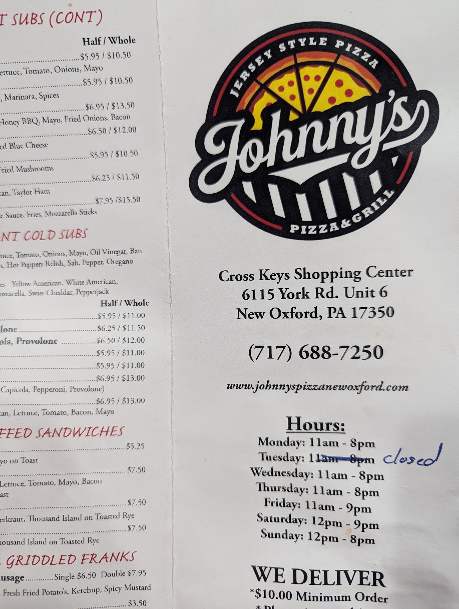 Johnny's Pizza New Oxford Menu