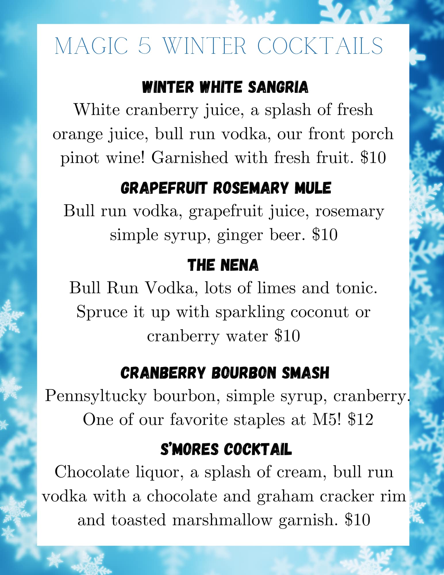 Magic 5 Wine Menu