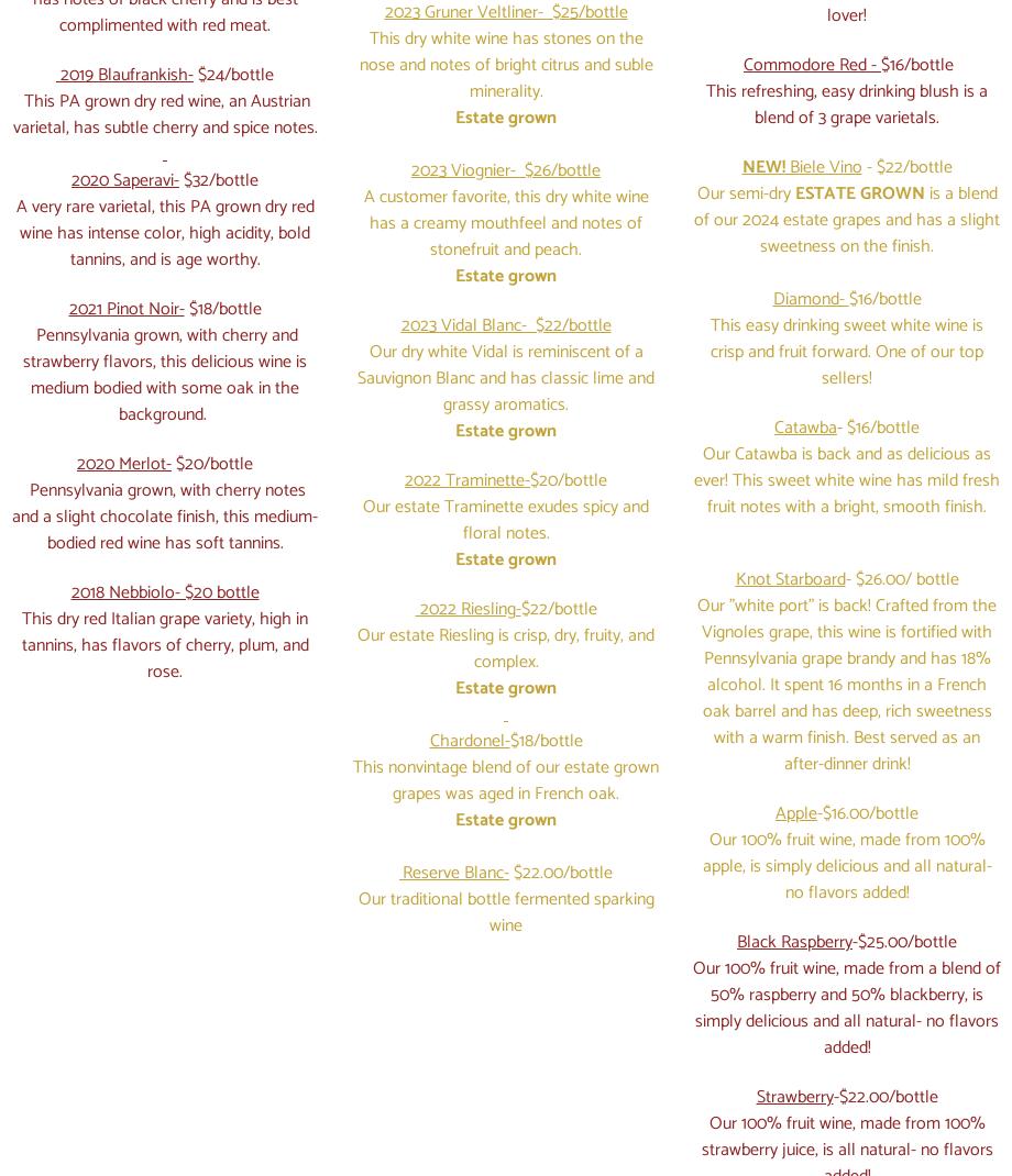 Winslow Winery Menu