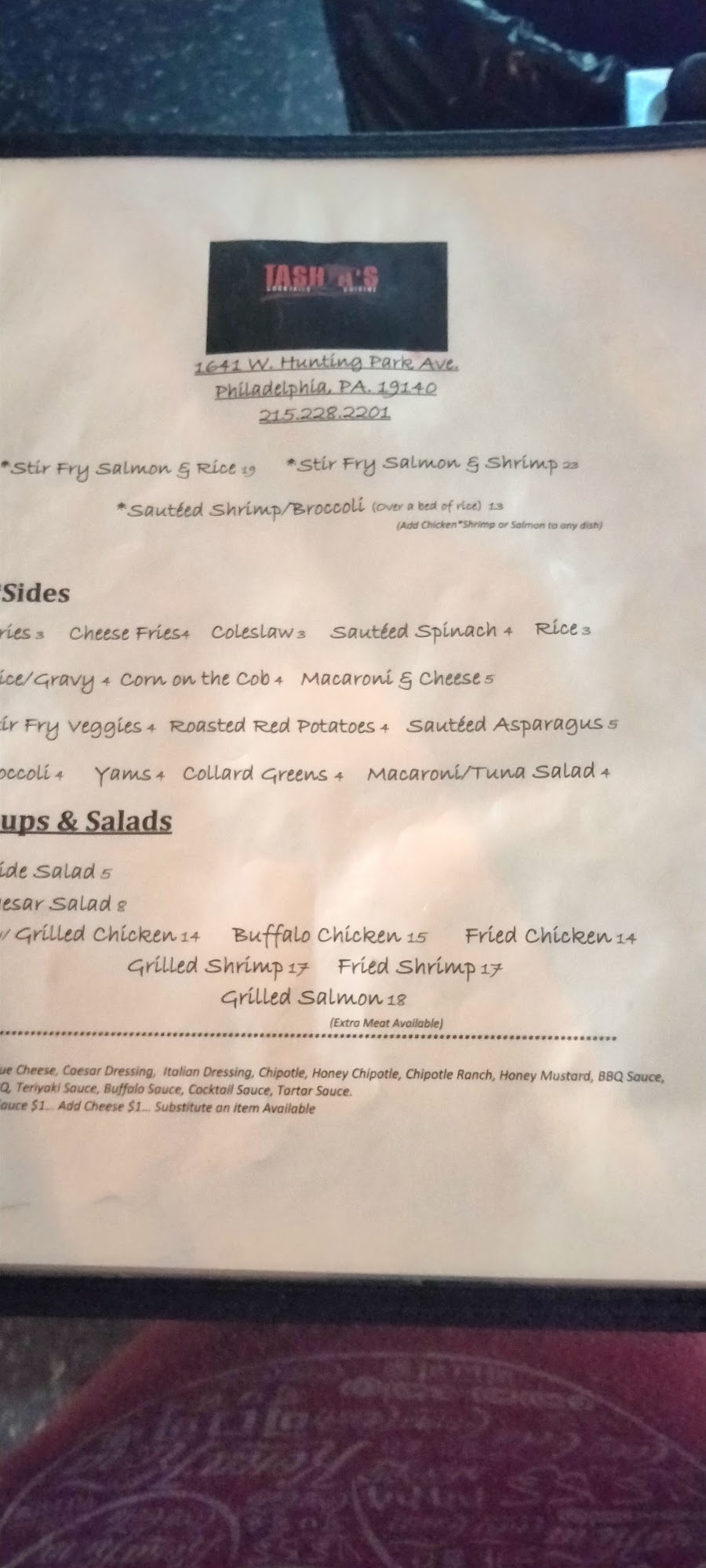 Tashia's Cocktails and Cuisine Menu