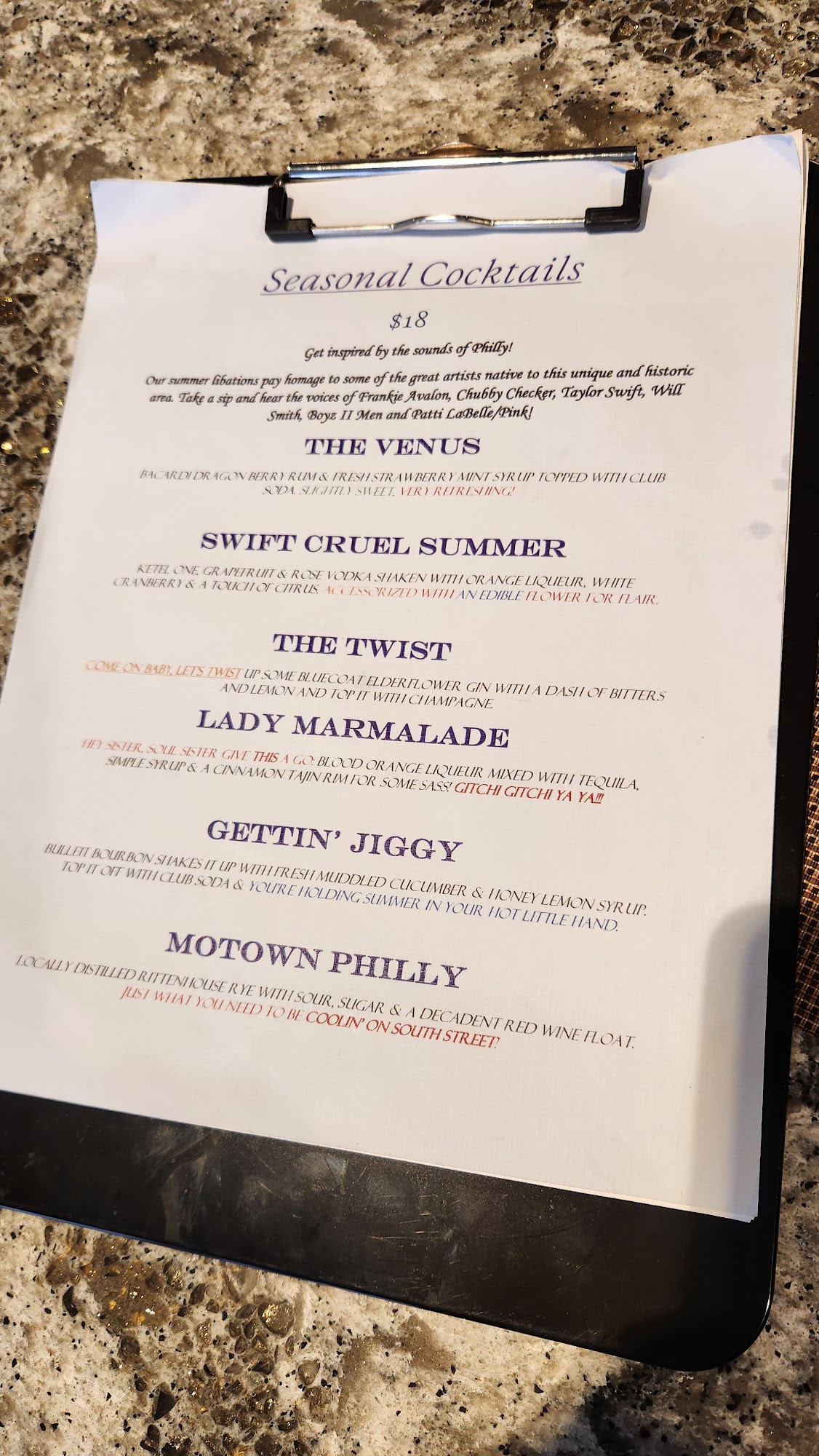 Treble & Bass Bar Menu
