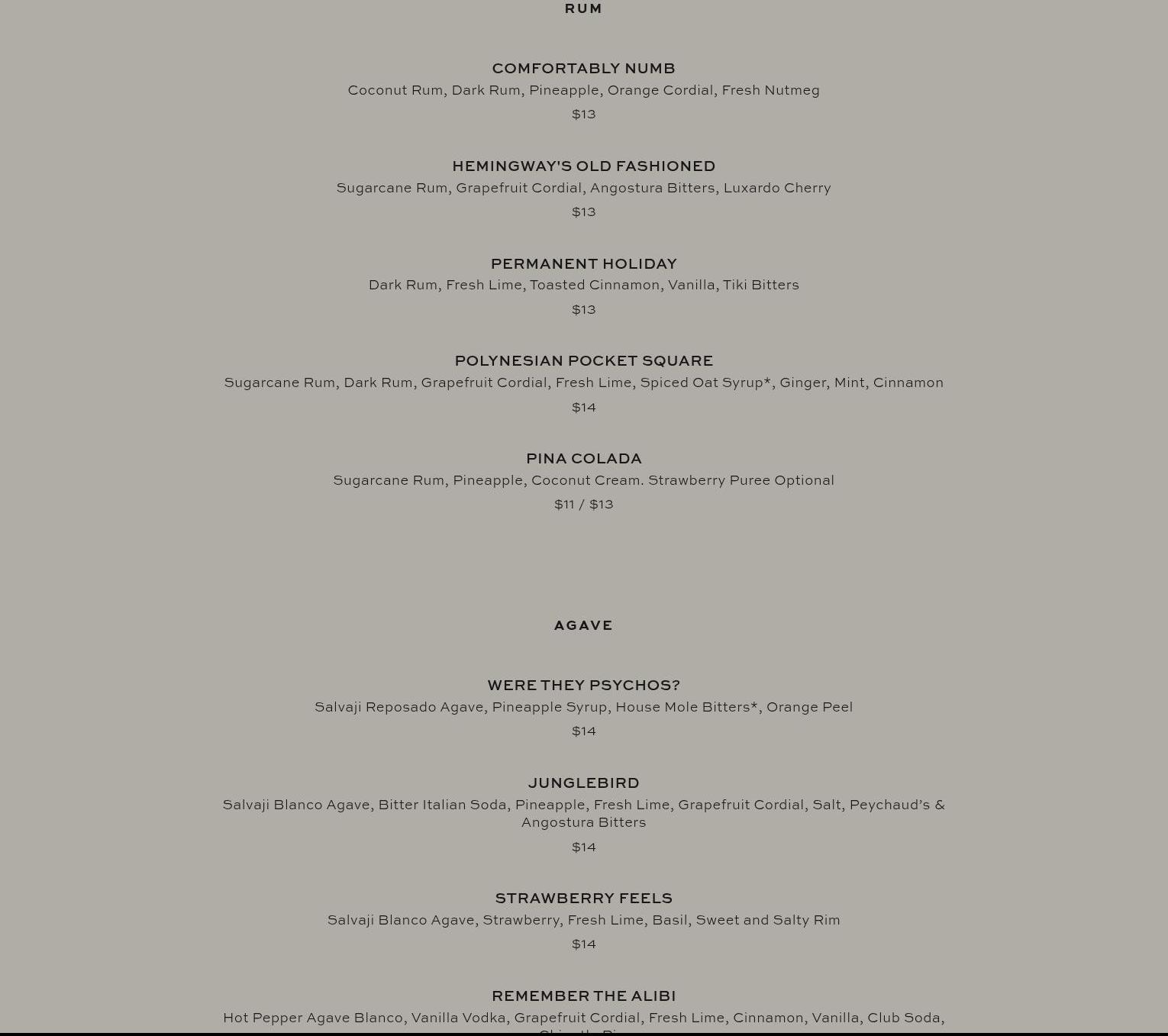 Bluebird Distilling Menu