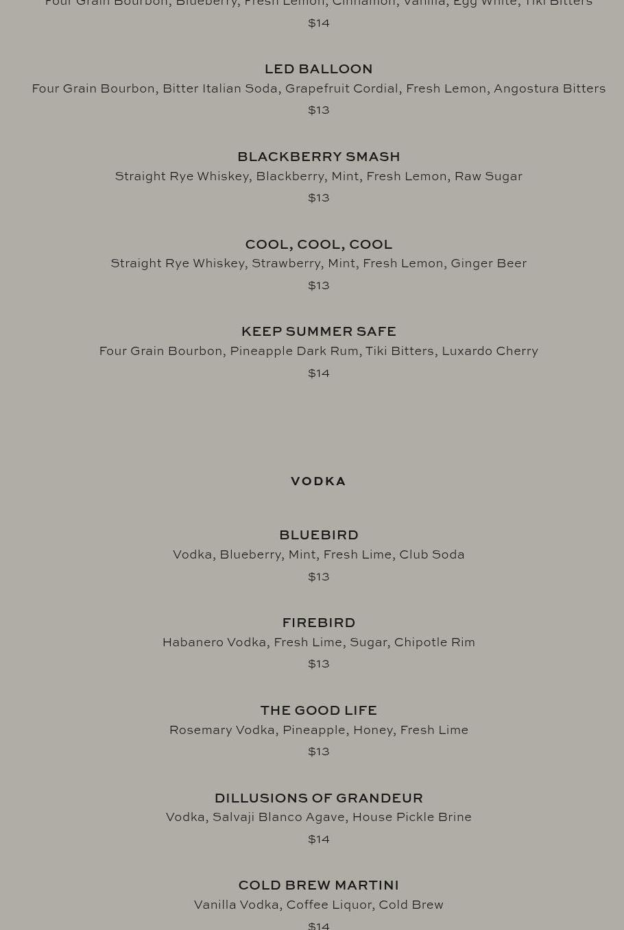 Bluebird Distilling Menu