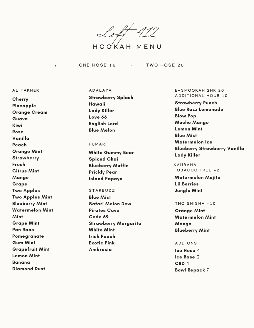 LOFT 412 Hookah Cafe Menu