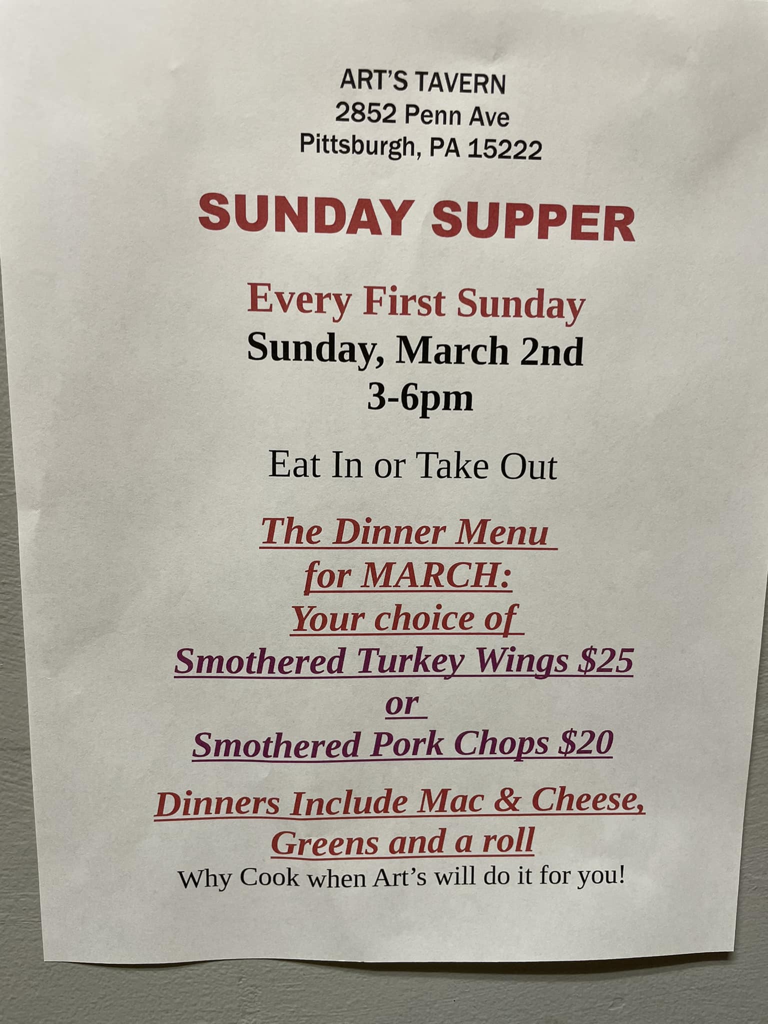 Art's Tavern Menu