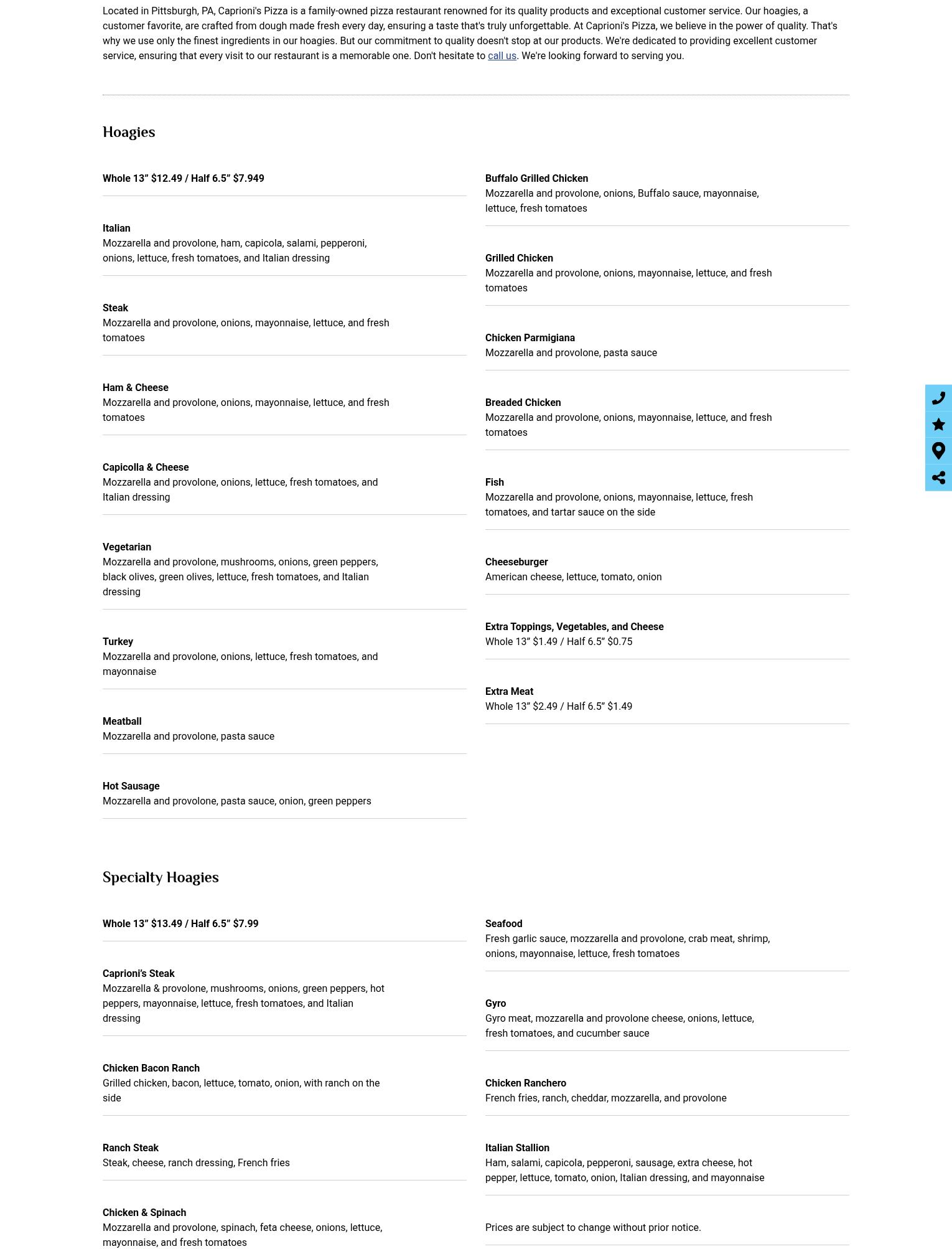 Caprioni's Pizza Menu