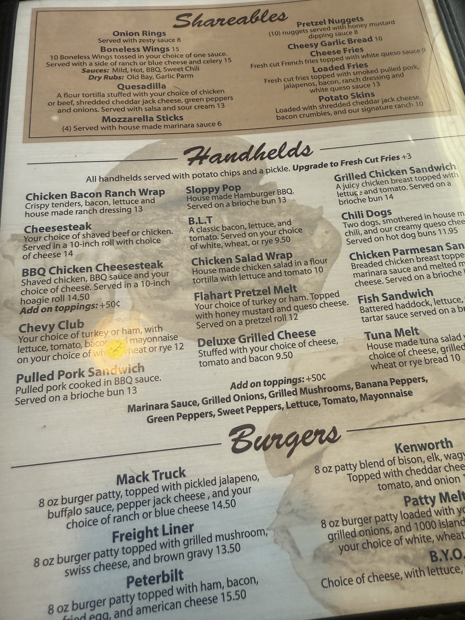 Pop's Place Menu