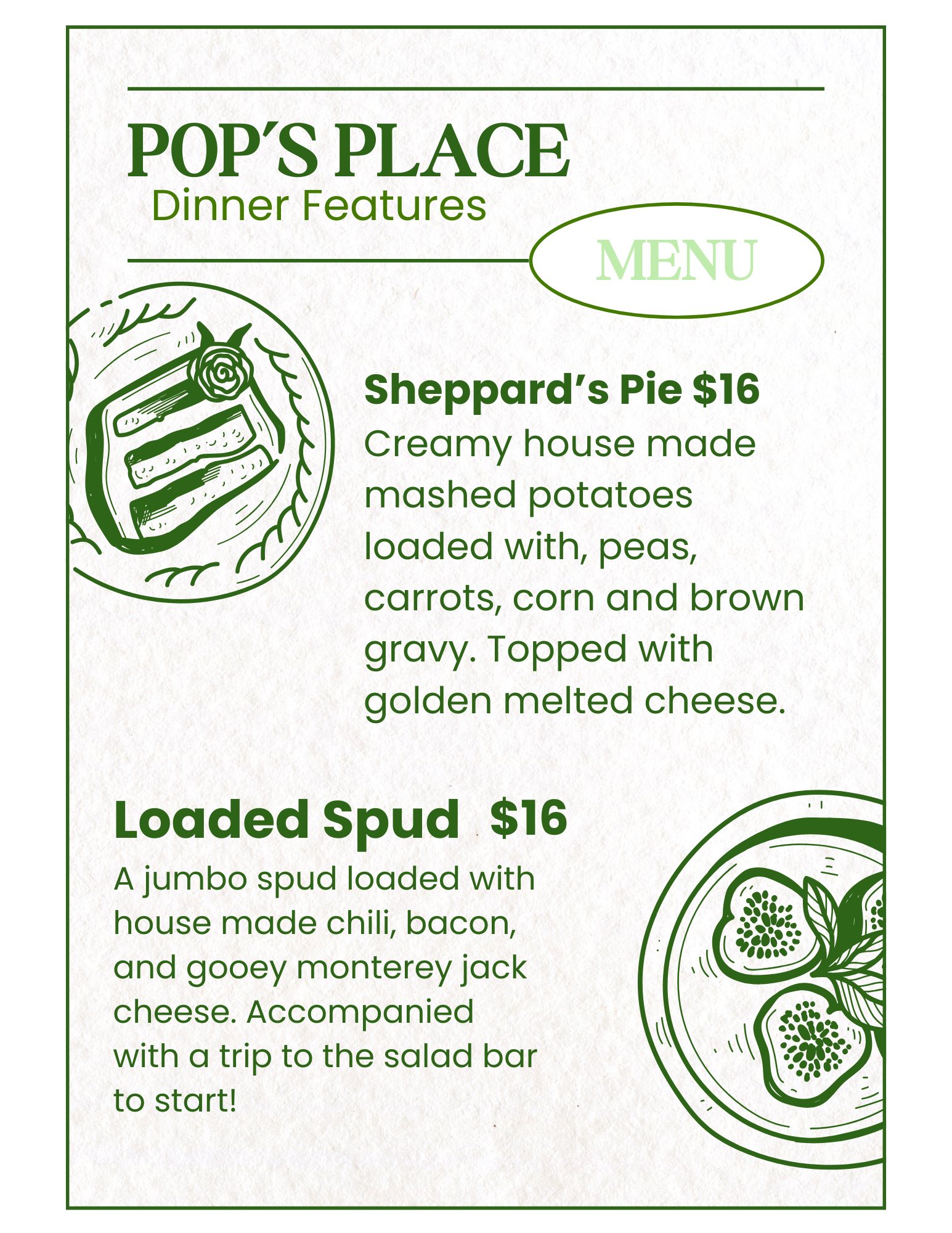Pop's Place Menu