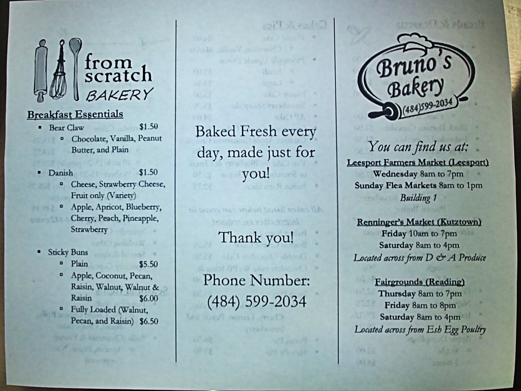 Bruno's Bakery/ Guiseppe's Menu
