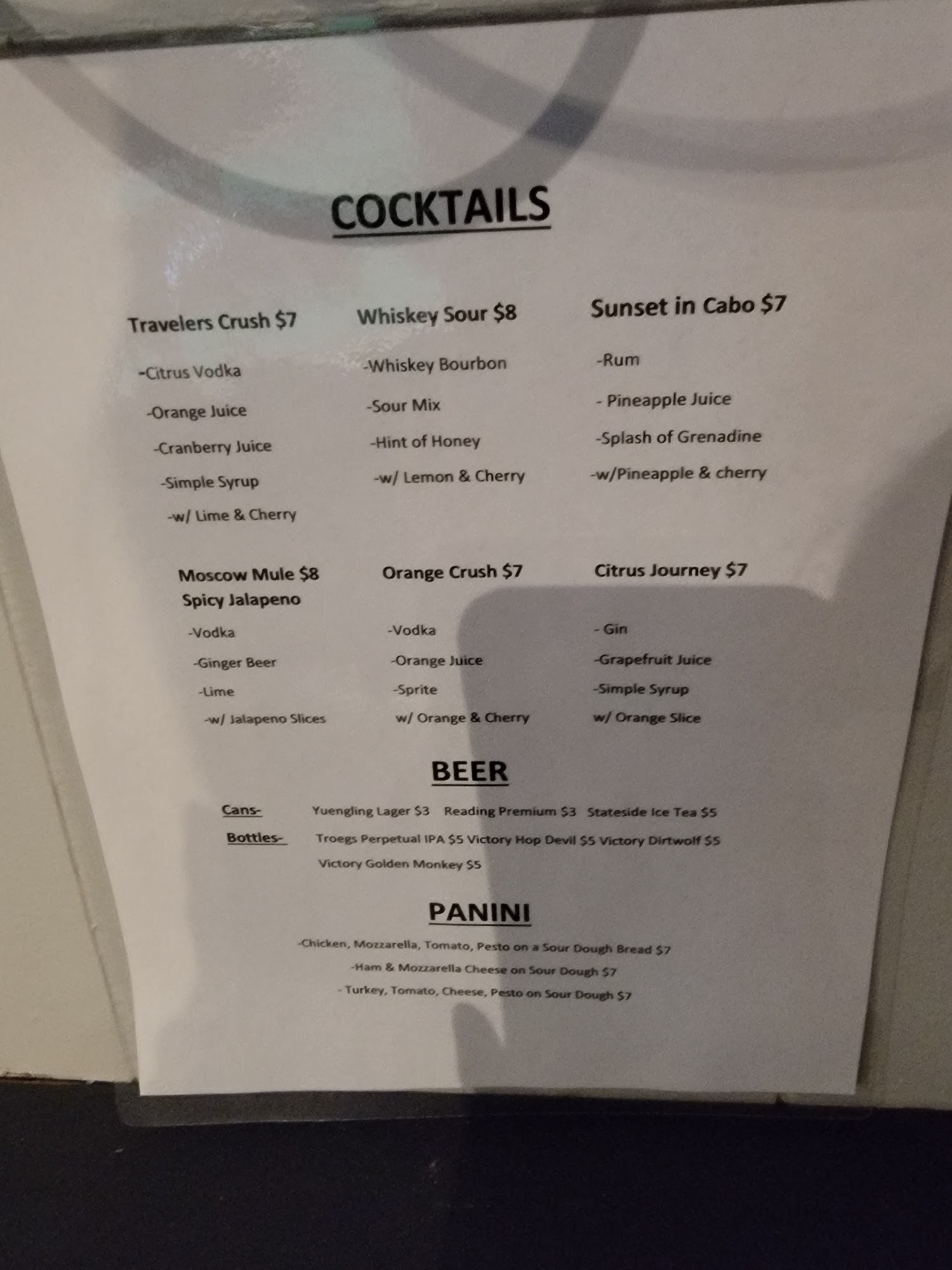 Travelers Pub Menu