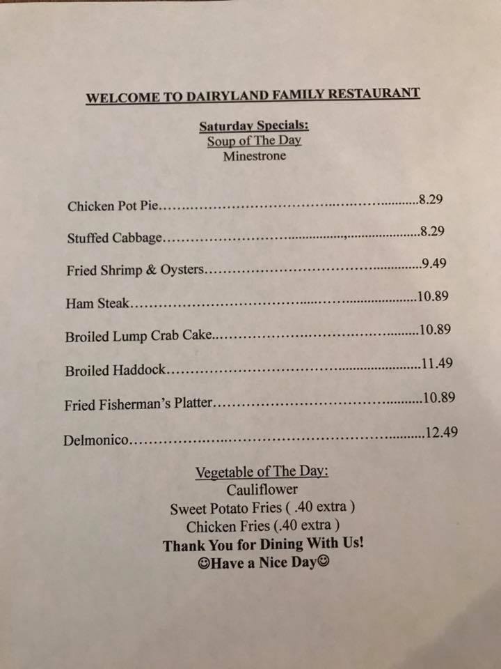Dairyland Family Restaurant Menu