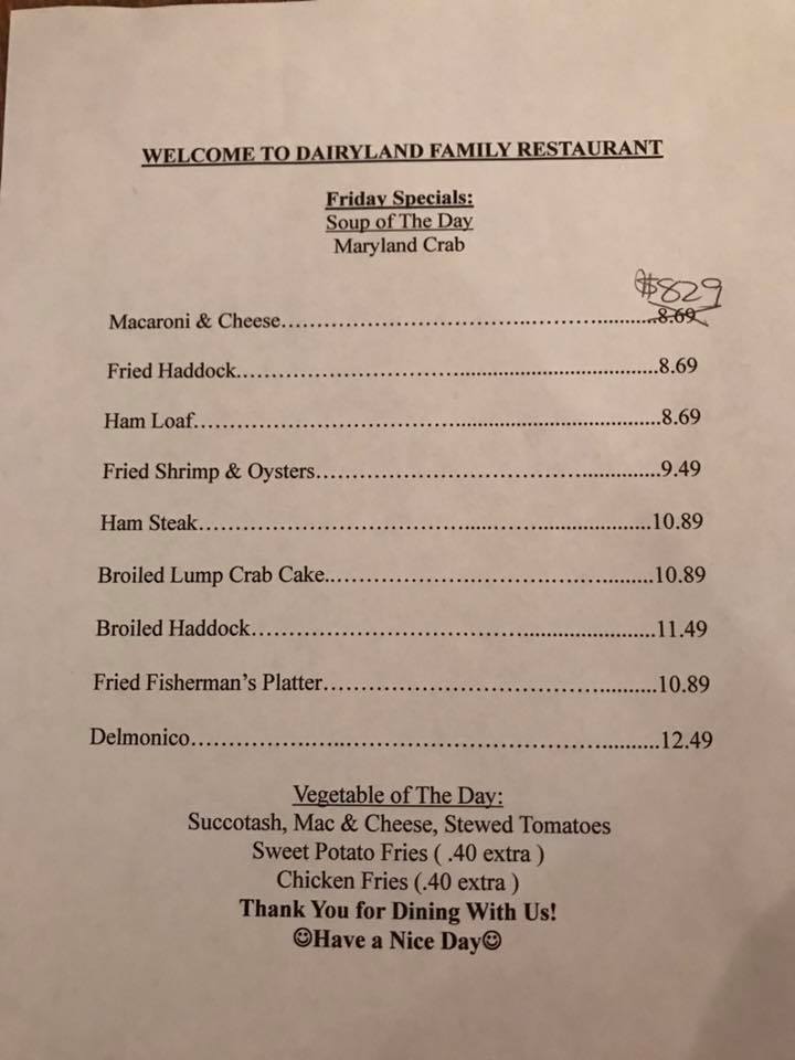 Dairyland Family Restaurant Menu