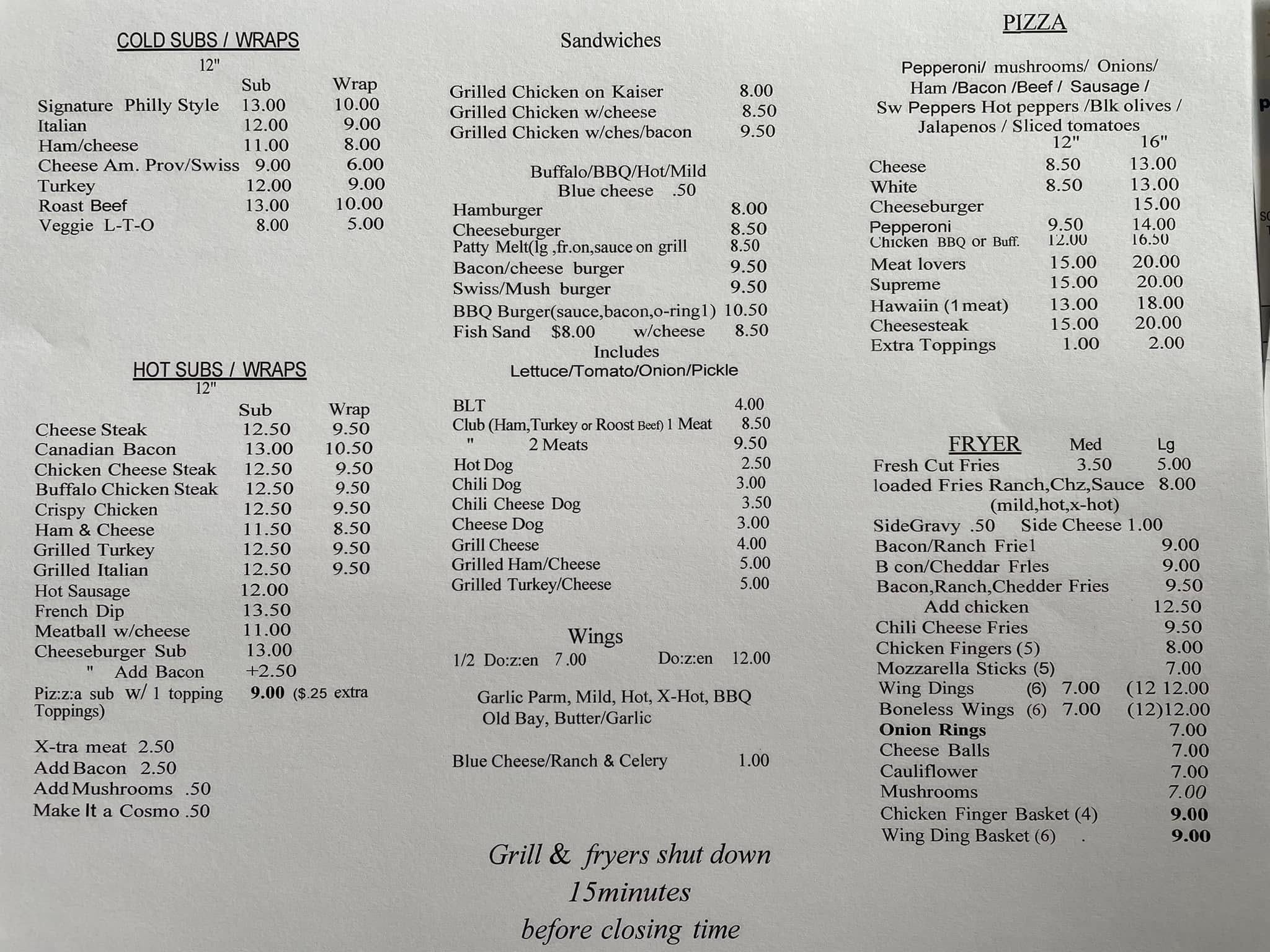 Pop Pop's Place Menu