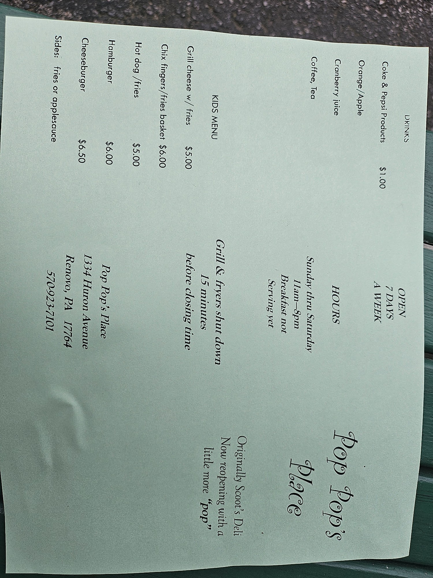 Pop Pop's Place Menu