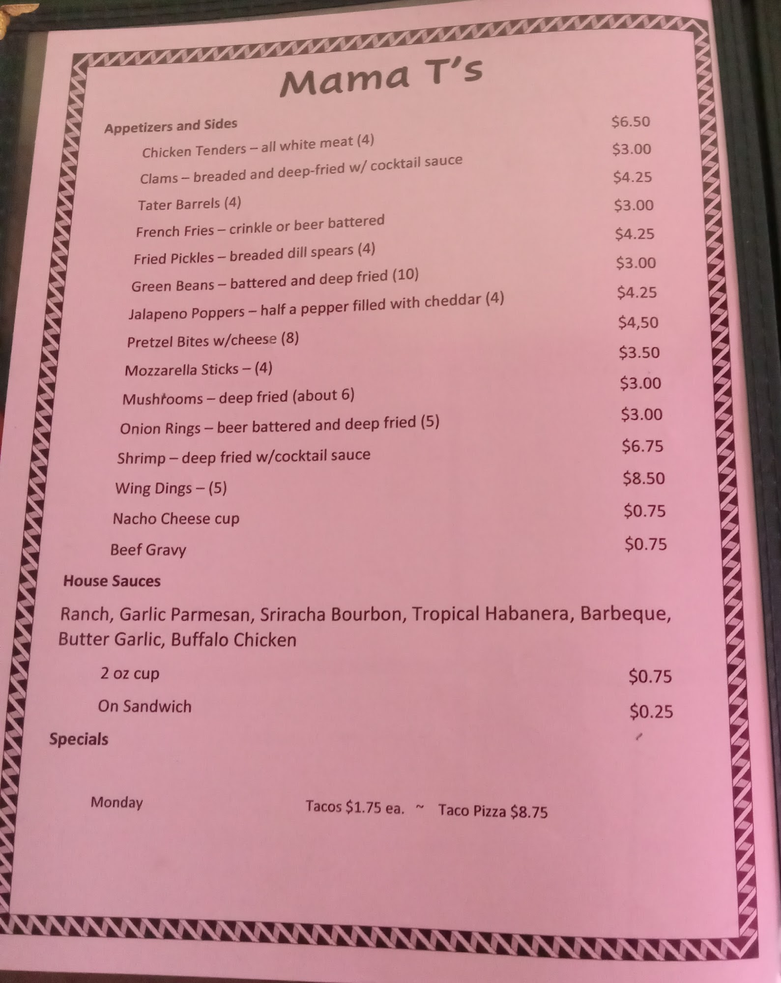 Mama T's Tavern Menu